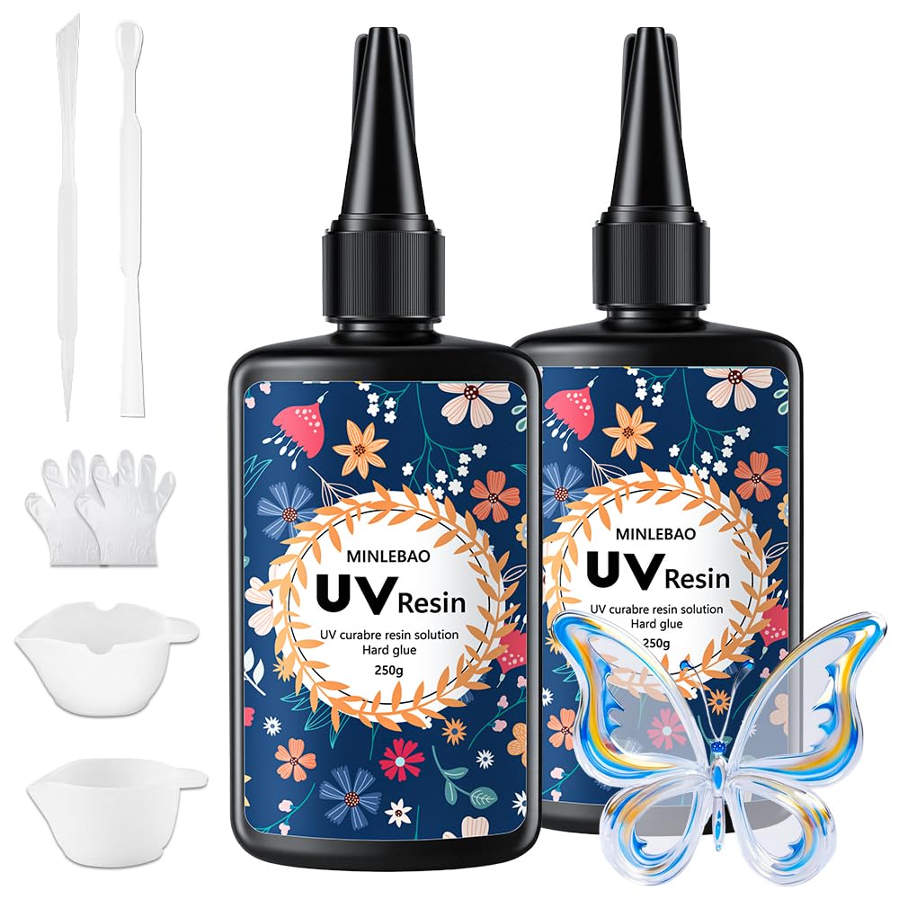 Minlebao UV Resin Kit 500g ,Upgraded Crystal Transparent Hard High Gloss Fast Curing Solar Activated