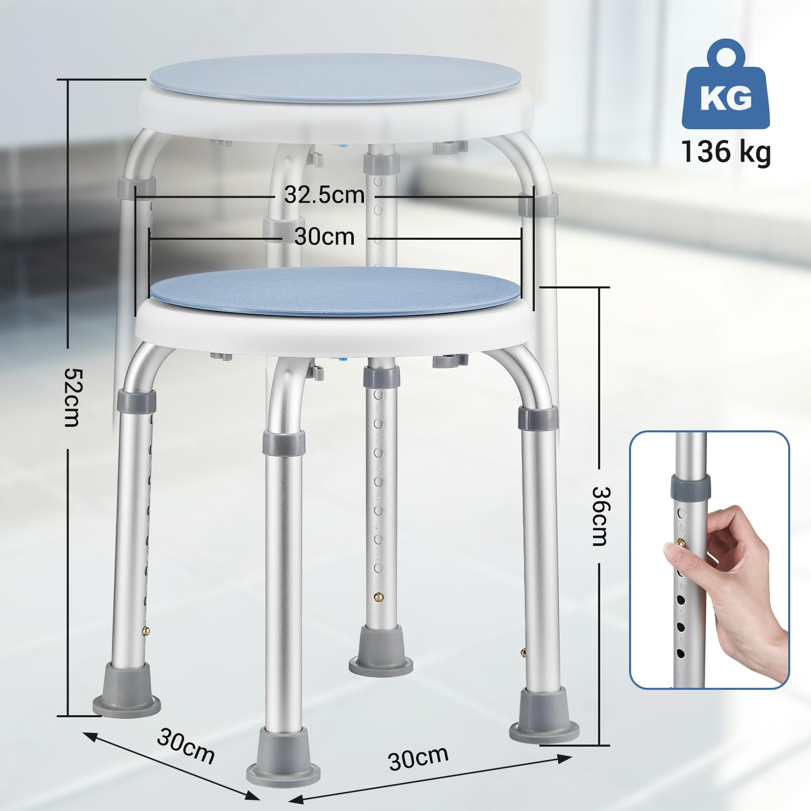 Stołek prysznicowy, okrągły, obrotowy 360°, z regulacją wysokości 36-52 cm, antypoślizgowe gumowe nóżki, pomoc pod prysznic, dla seniorów, obciążenie do 136 kg