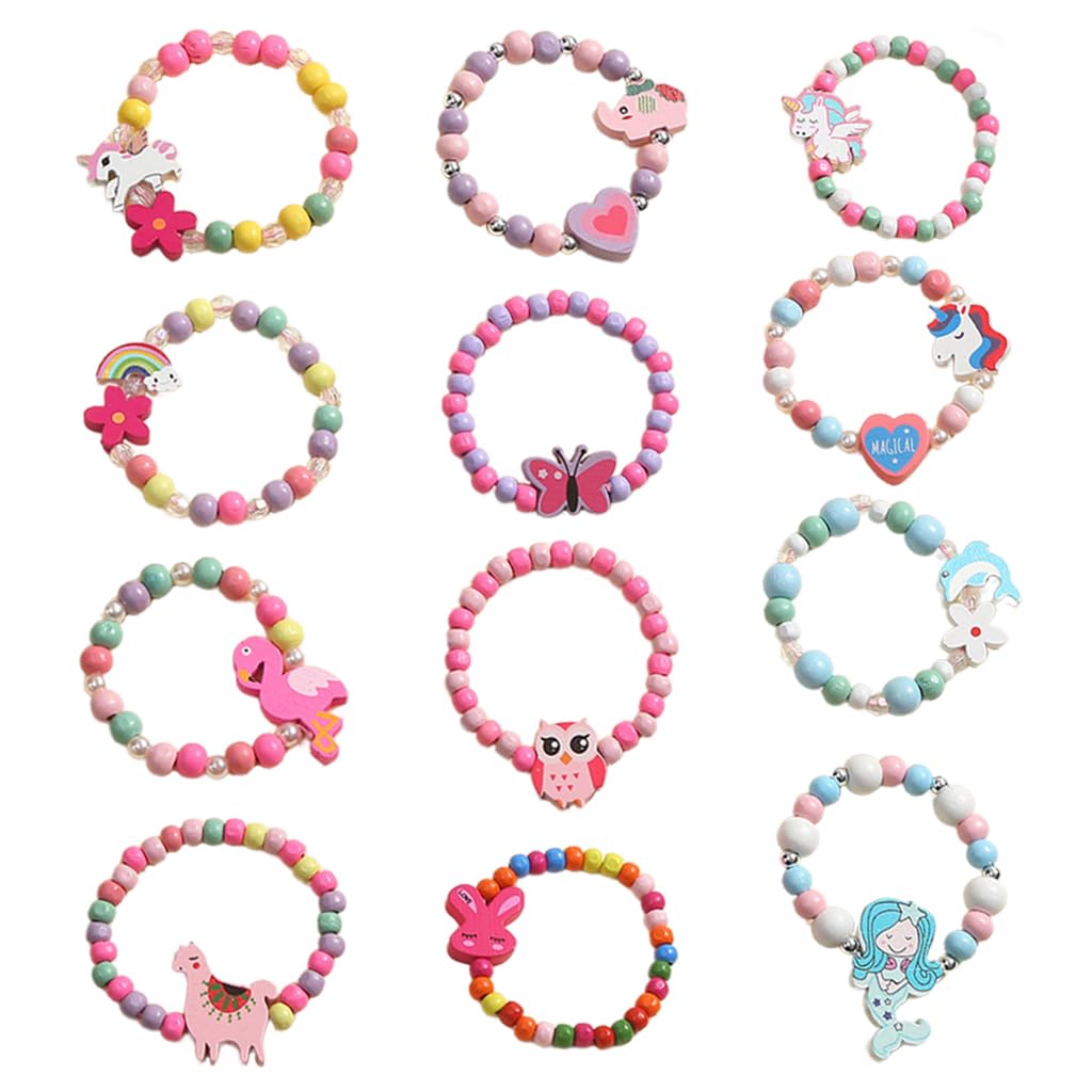 12Pcs Bracelet for Girls Kids Cute Cartoon Mermaid Unicorn Charm Bracelets Colorful Wooden Beads Bracelet Friendship Best Friend Bracelets Set Party Jewellery Birthday Gift for Girls, Kids