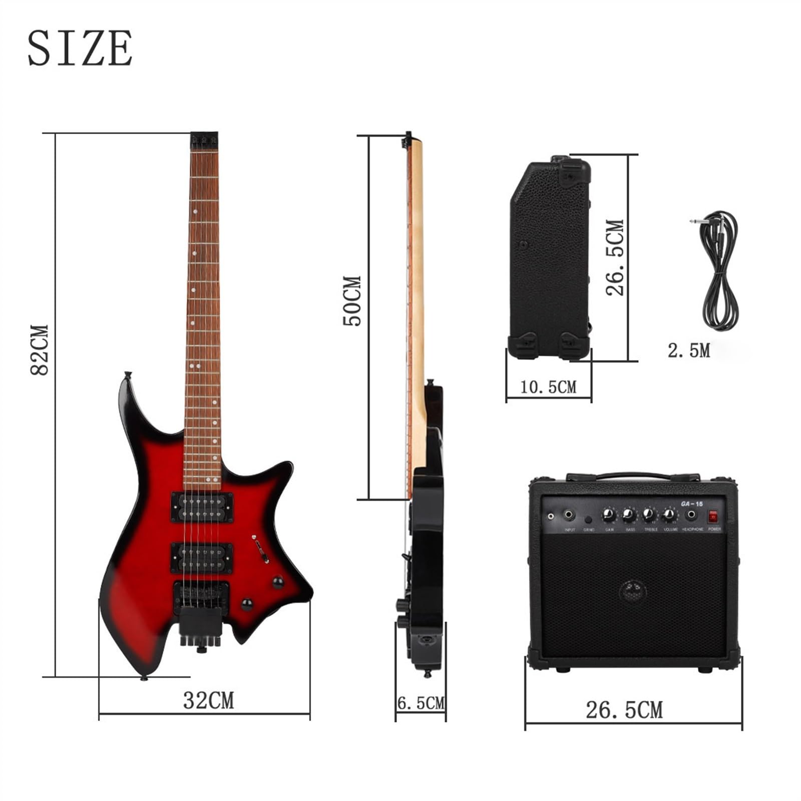 Professioneller Tragbarer HH-Tonabnehmer Für Kopflose E-Gitarre Mit Passendem Lautsprecher Ultraleichte Reisegitarre (Color : 01)
