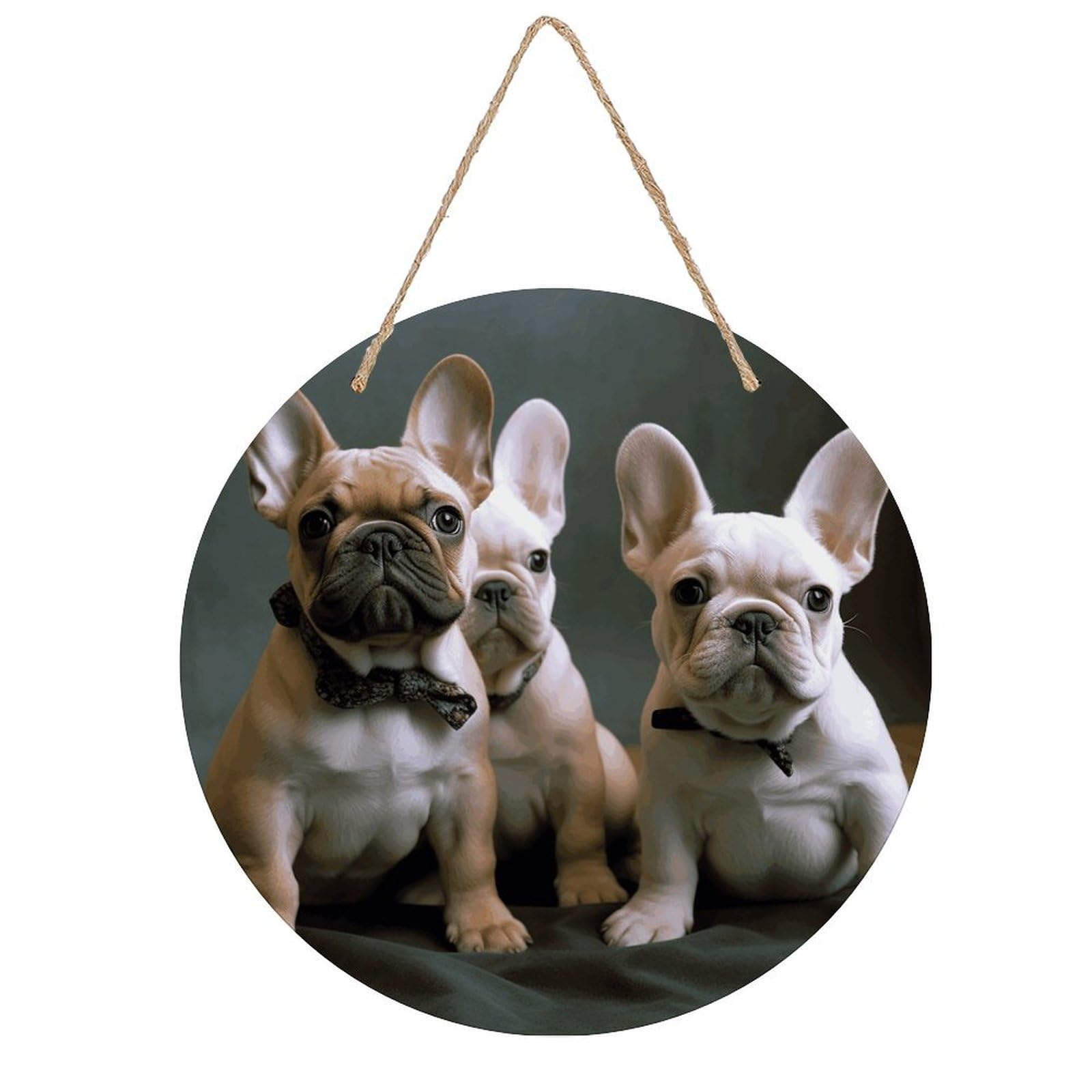 VstaDank French Bulldog Puppies Wall Art Decor with Ropes Wooden Hanging Sign Hanging Wall Decor Artwork Round Wood Painting Modern Wall Prints Decor Picture for Office Bar Home Decors