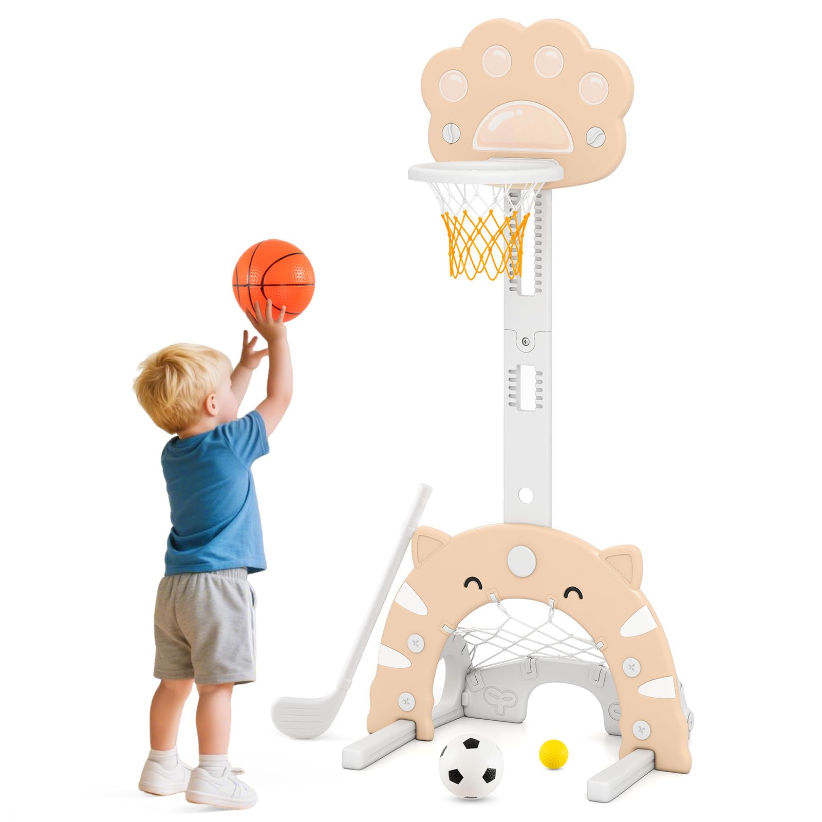 COSTWAY Kids Basketball Hoop, 3 in 1 Toddler Sports Activity Center with Detachable Hoop, Football Goal, Golf, Height Adjustable Basketball Stand for Boys Girls Ages 3+ (Grey+Mocha)