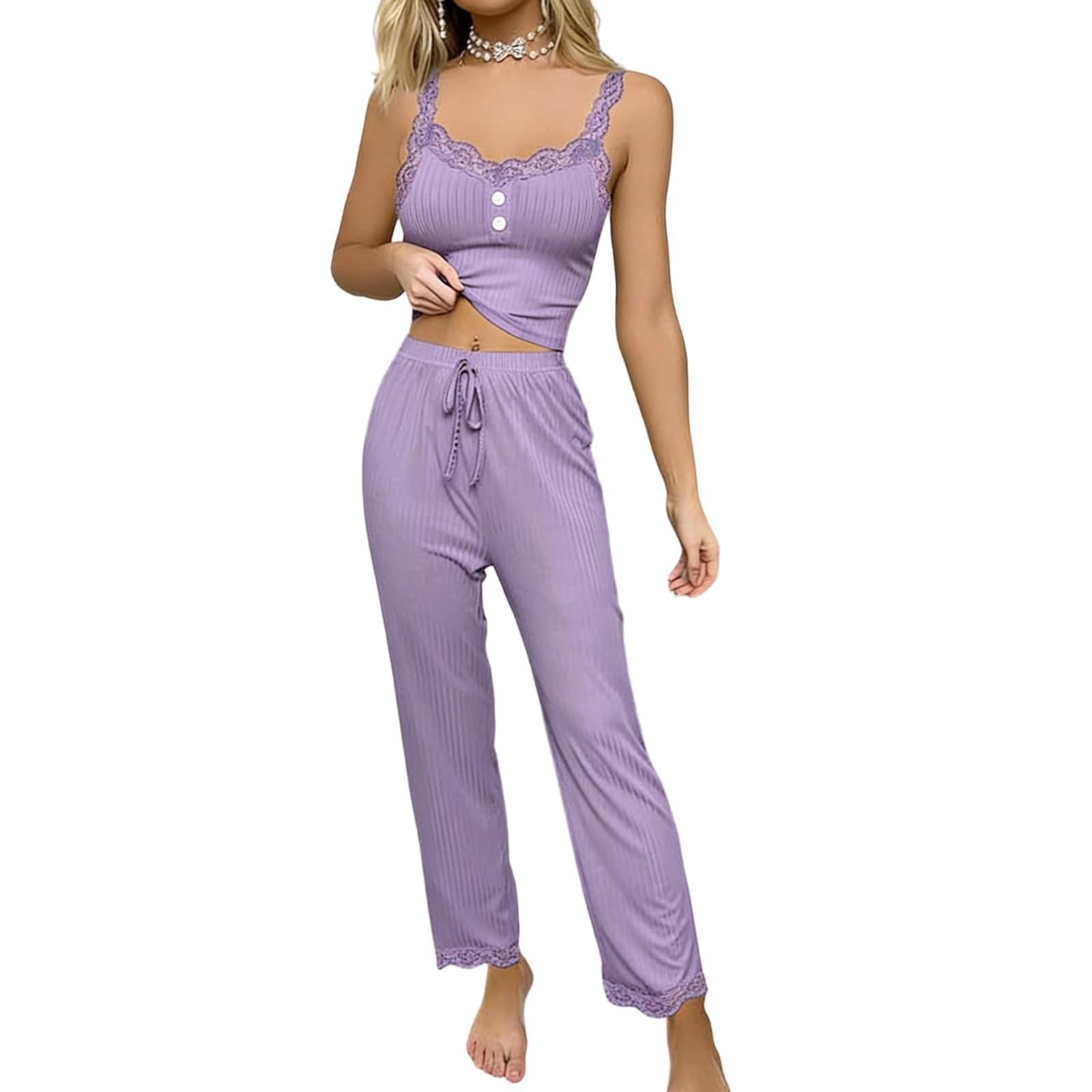 Women’s Sexy 2-Piece Solid Pyjama Set Sleeveless Crop Cami Top High Waist Pant Lace Trim Nightwear Button Camisole Strappy V-Neck Sleepwear Curvy Backless Homewear Soft Modal Loungewear