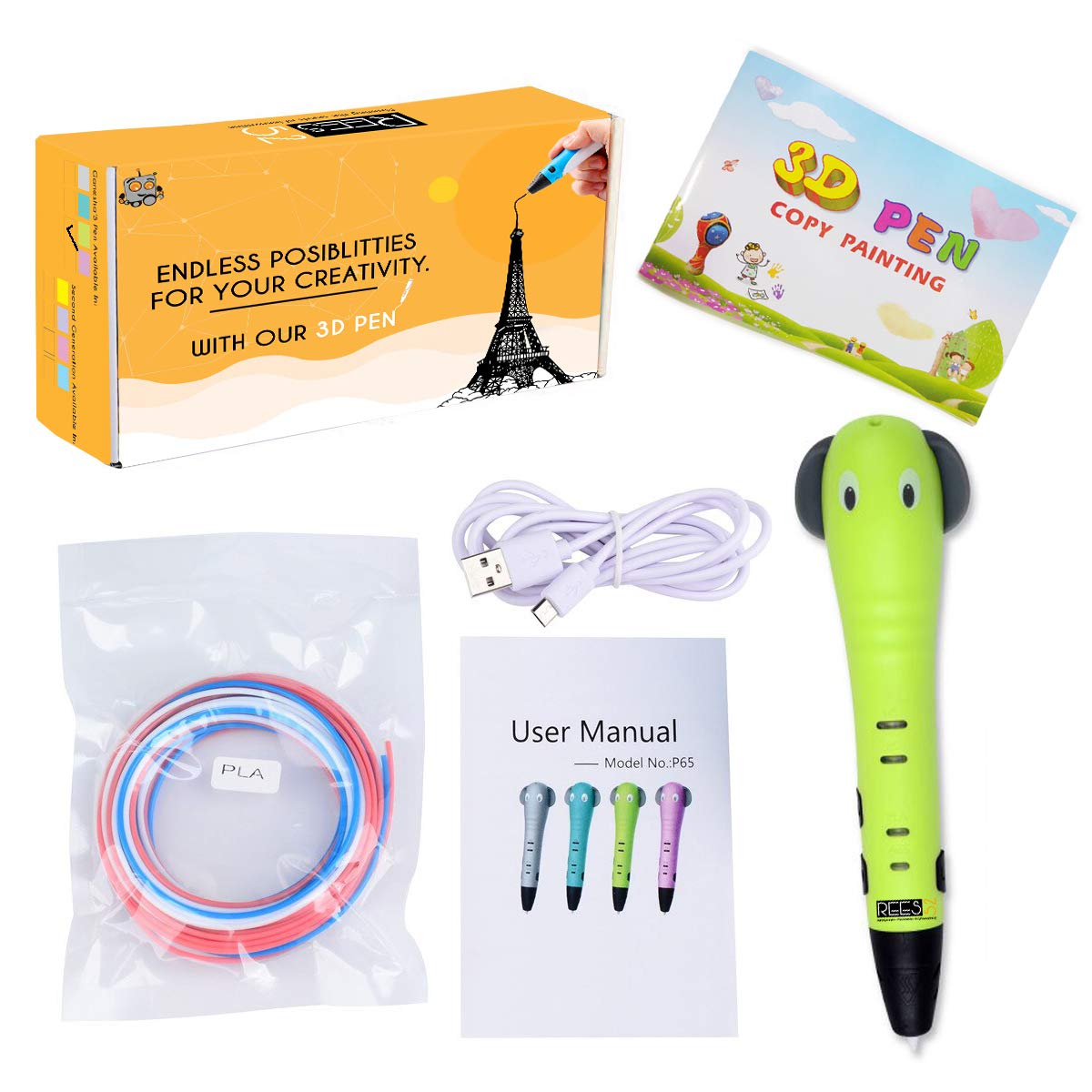 REES52®Ganesha 3D Pen For Kids/adults/children, 3D-Printing Pen for 3D Drawing, Doodling, Arts, Crafts, Model Making with free PLA or ABS Filament refills - 3D PEN Draw Anything (Jadeite Green)-image-4
