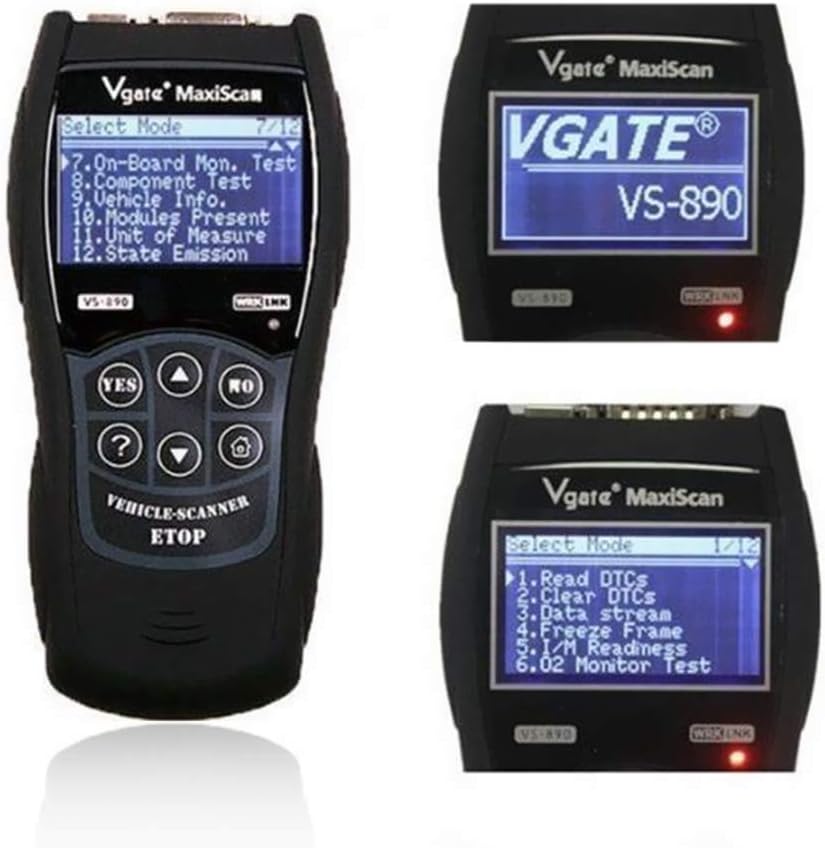 Vgate VS890 screen displaying various menu options including Diagnostics, DTC Lookup, System Setup, and Tool Information