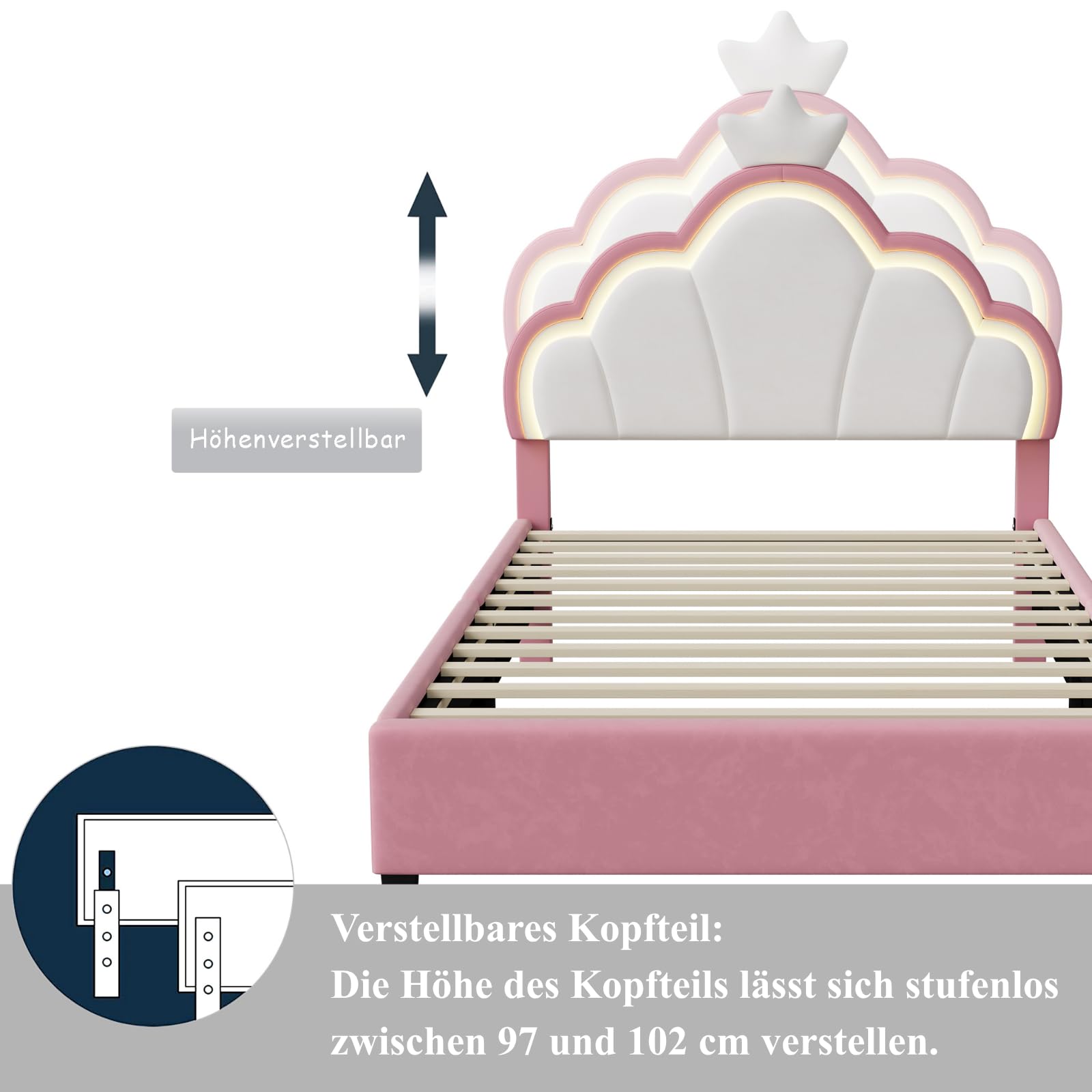 Letto imbottito 140x190 cm per ragazze, struttura letto per bambini con testata regolabile Crown e rete a doghe, letto da principessa, letto matrimoniale per bambini e adolescenti, senza
