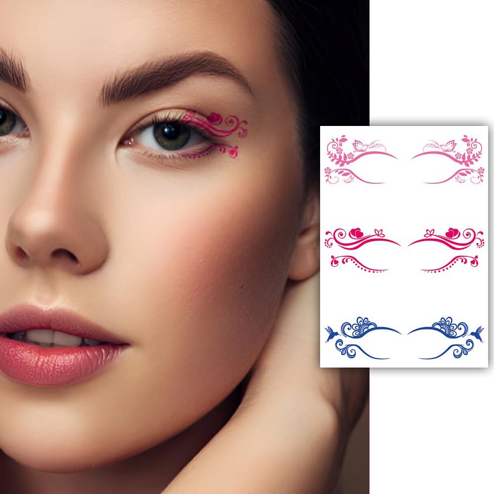 S.A.V.I 3 Pairs Decorative Floral Temporary Tattoo Stickers for Eye Makeup – Elegant Multicolor Designs (Pink, Red, Blue) | Waterproof & Skin-Friendly Eyeliner Art for Women & Girls | Ideal for Parties & Festivals-picture-48