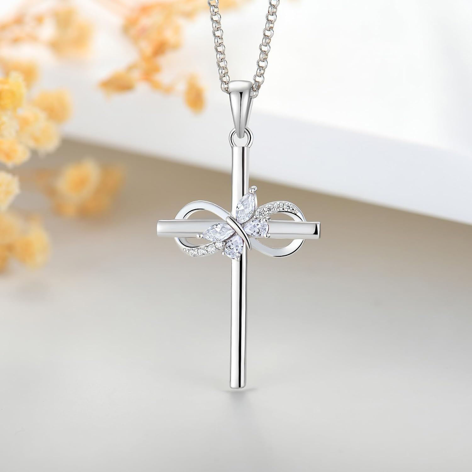 JO WISDOM Cross Necklace for Women 925 Sterling Silver Cubic Zirconia Butterfly Birthstone Necklace Pendant Jewelry Gifts for Women
