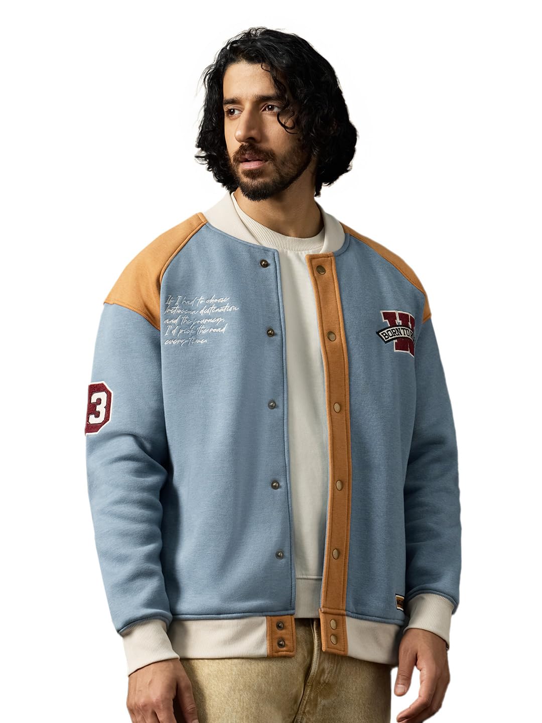 The Souled Store Wanderlust Men and Boys Full Sleeves Spread Collar Blue Graphic Embroidered Cotton Polyester Oversized Fit Premium Heavy Fleece Varsity Jacket in blue
