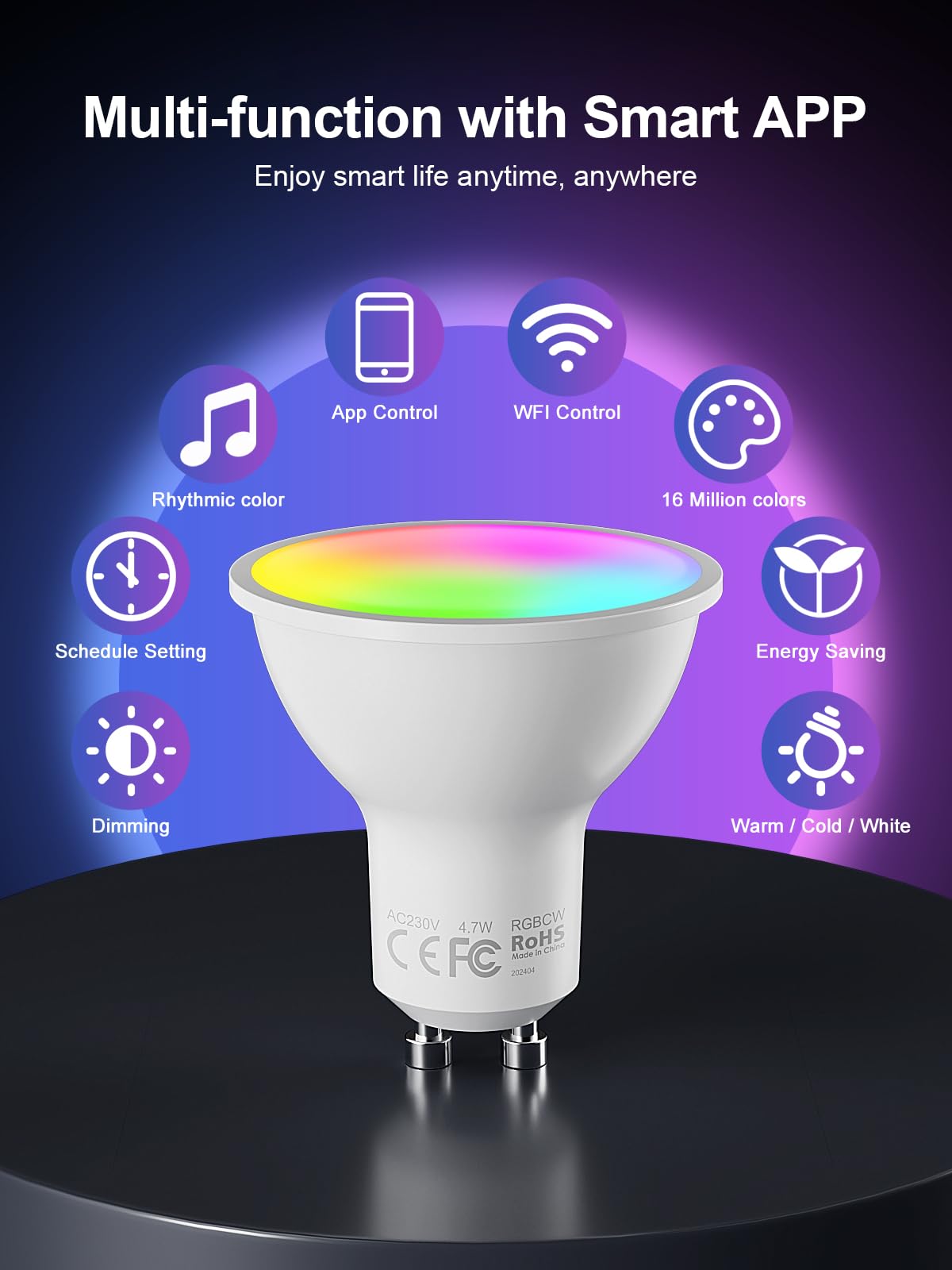 Fitop Lampadine Alexa Inteligente LED GU10, Dimmerabile Lampadina Smart 4.7W=50W, RGB & 2200K-6500K Bianco Freddo Caldo, Compatibile con Alexa/Google Home/Siri, Controllo APP, 5 pezzi