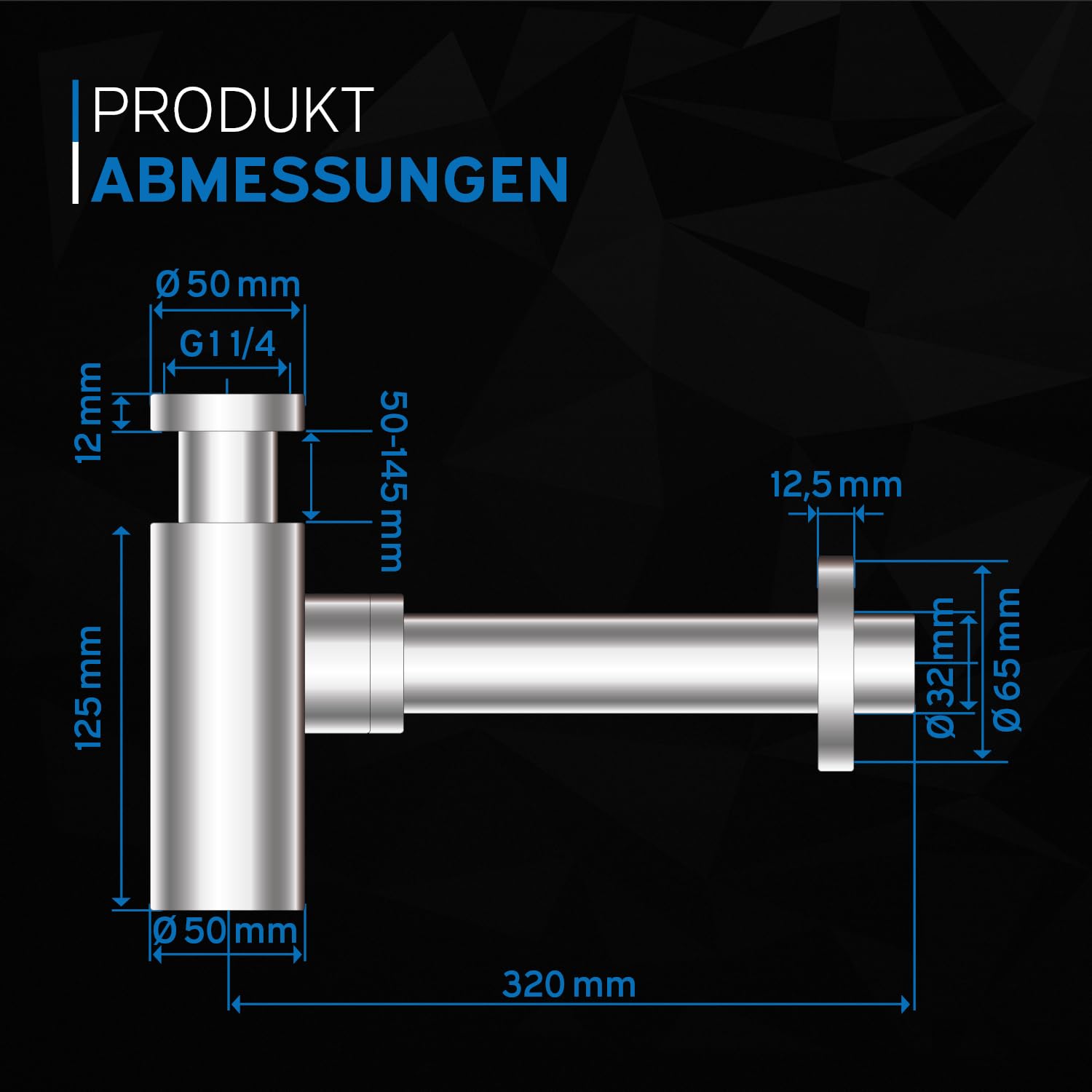 kör4u Premium Design syfon okrągły, chrom, uniwersalny – 1 1/4 cala x 32 mm, w zestawie uszczelki, zamknięcie zapachowe, syfon do umywalki w łazience, długa rura odpływowa