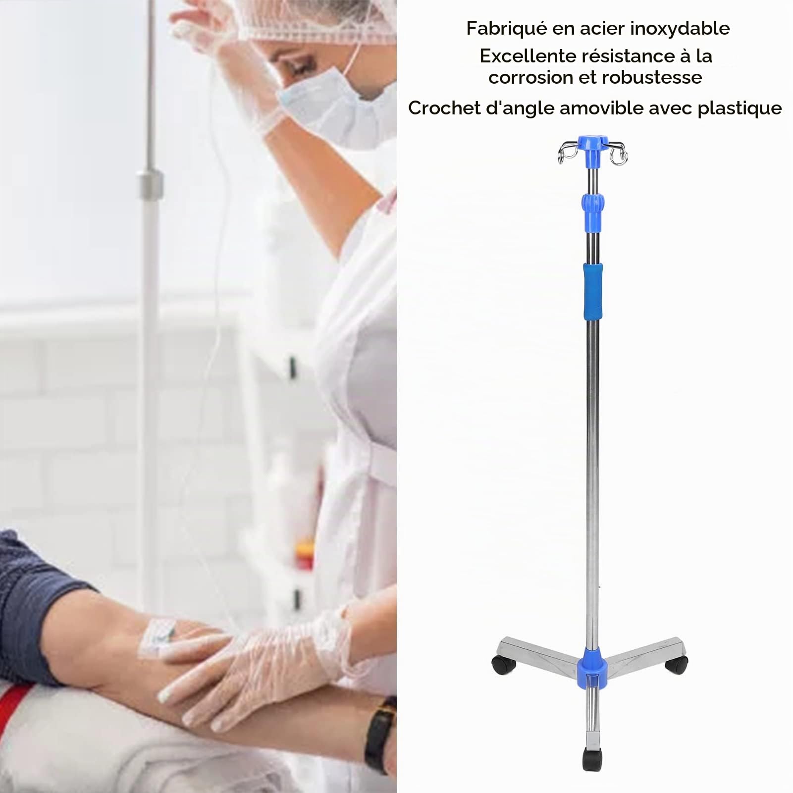 Support de Perfusion Portable avec 4 Crochets et 3 Pieds, Support de Perfusion pour Poches à Perfusion, Support de Perfusion Pliable à Hauteur réglable pour hôpital/Clinique/domici