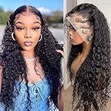 20Inch Water Wave Lace Front Wigs Human Hair, 13x4 HD Lace Front Wigs Human Hair for Black Women Transparent Lace Frontal Human Hair Wigs Pre Plucked With Baby Hair Curly Wigs Brazilian Virgin Human Hair Wet and Wavy
