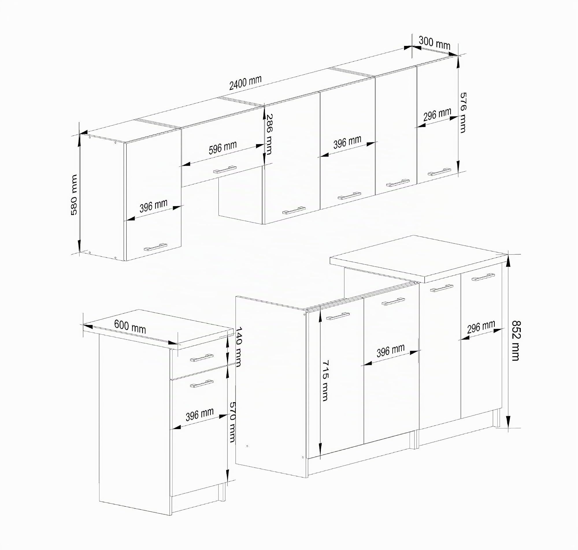 AKORD | Set di Mobili da Cucina Olivia 2.4m | Cucina Completa Piccola | Componibile | su Misura 46 x 180 x 174 cm | Per un design moderno e Tradizionale | Cemento & Bianco Frontale