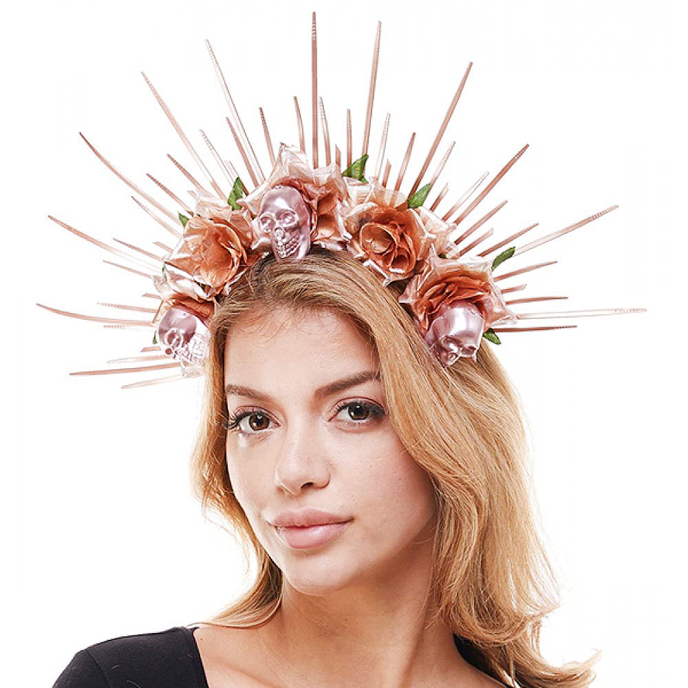 BEYOND MASQUERADE B Day of the Dead Headband Costume Rose Flower Crown Mexican Headpiece Halloween Costume Party Bridal Floral Headband (Rose Gold)