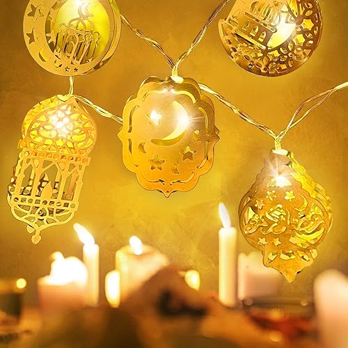 Miniatura 7 de KISPATTI Luces de Ramadán, decoraciones de Ramadán para el hogar, cadena de luces Eid Al Adha, 5.41 pies, 10 luces LED de luna y estrella, cadena de