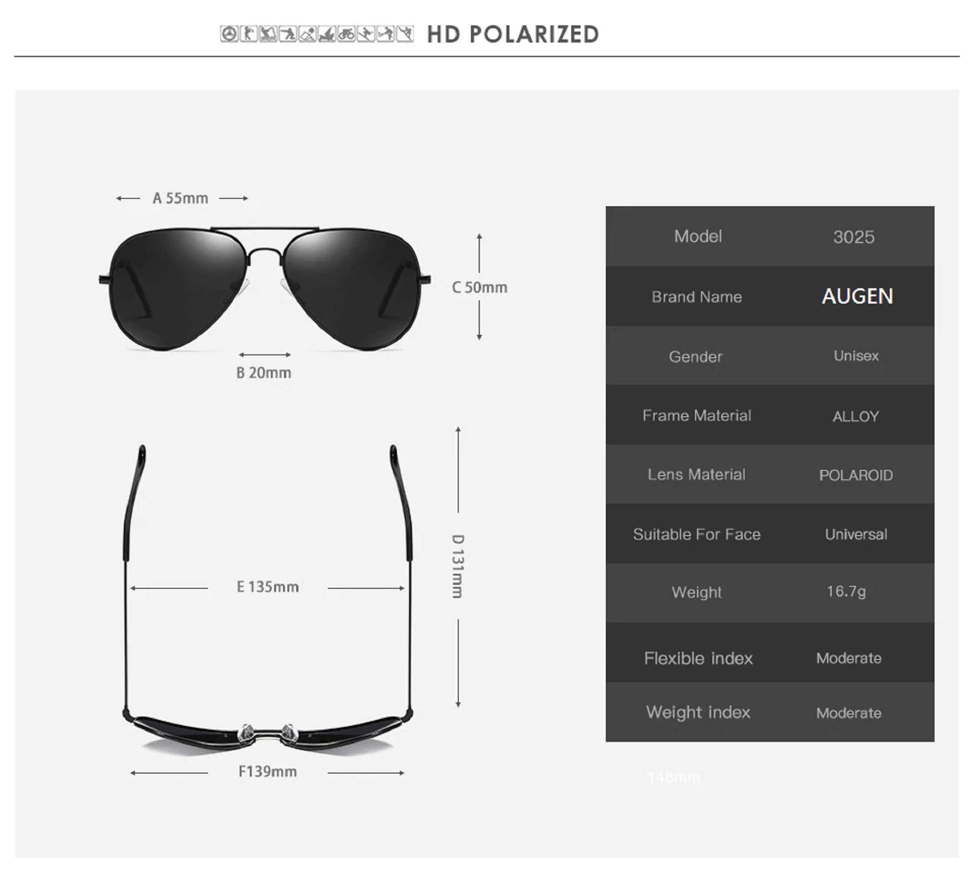 AUGEN Gafas de sol polarizadas unisex para adultos