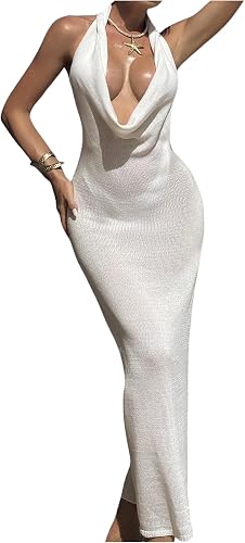 RoseSeek Women's Draped Halter Cover Up Tie Backless Maxi Beach Dress