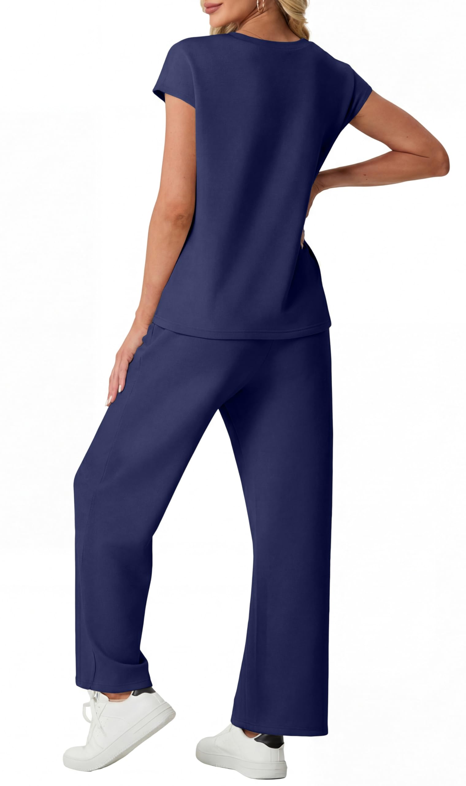 GRECERELLE Survêtement d'été à manches courtes pour femme - Tenue décontractée à col rond - Haut et pantalon de sport avec poches