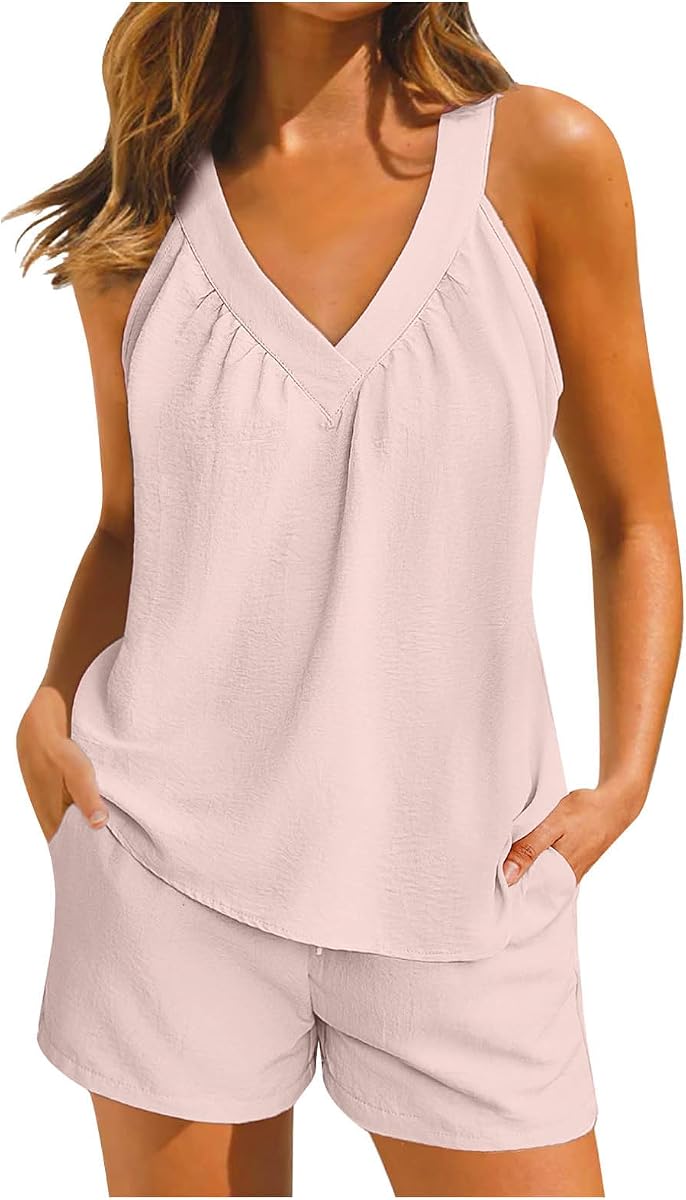 Pijamas refrescantes para mujer, 2 piezas, sin mangas, conjuntos de pijamas de verano, cuello en V, camiseta sin mangas con pantalones cortos, ropa de dormir