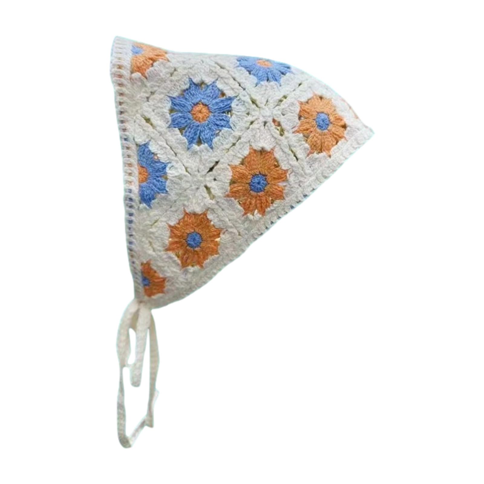 QIYUDUOLA Knitted Flower Triangle Scarf Lovely Crochet Hair Kerchief Tie Back Flower Pattern Elegant Turban For Girls Photo Props Knitt, Orange Blue