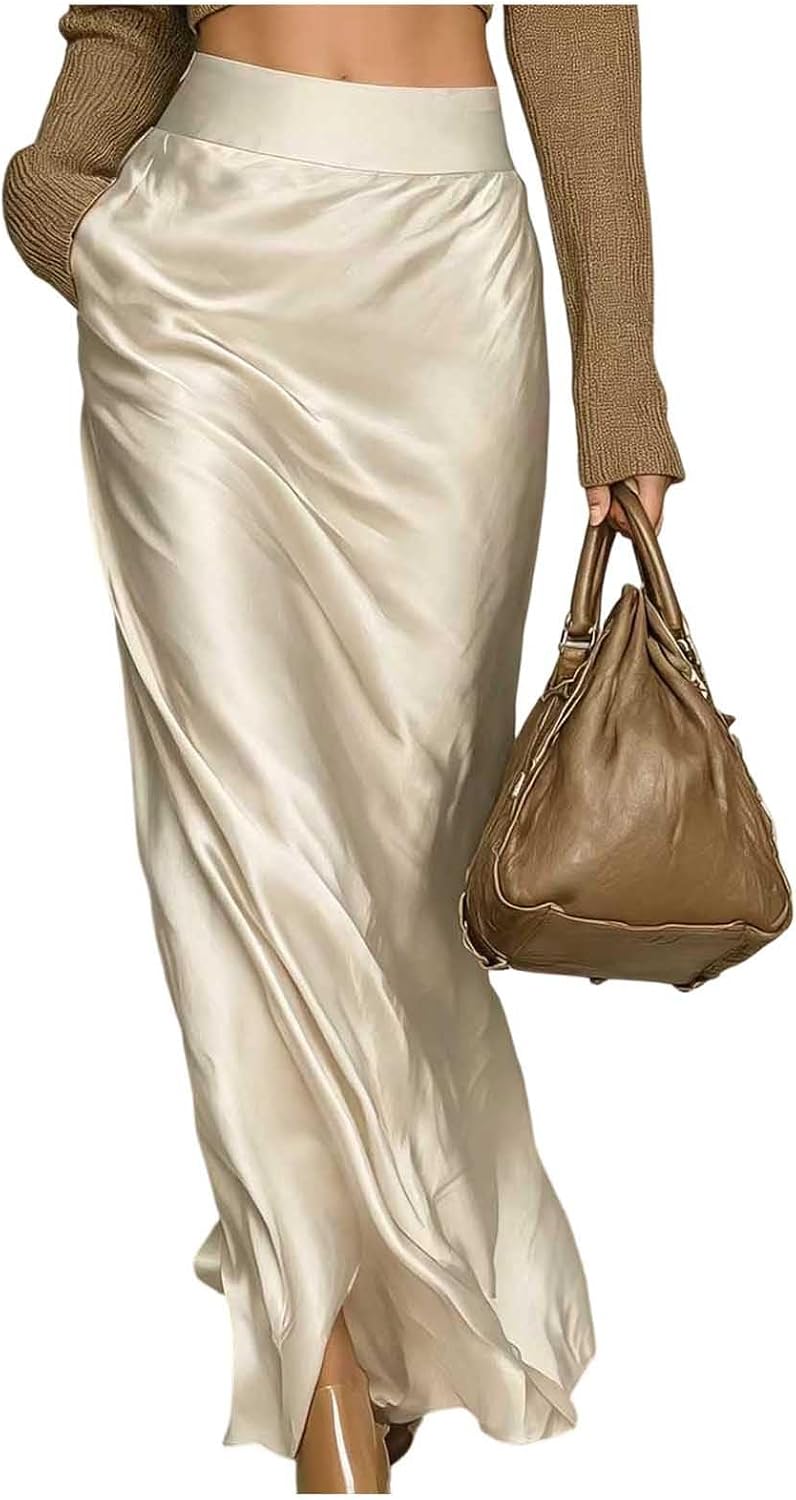 Women's Silk Satin Midi Skirt High Waist Fall Long Skirts | Women's Satin Silky High Waisted Long Skirt Elastic Waist A Line Flowy Elegant Skirts Flowy Elegant Cocktail Party Outfits