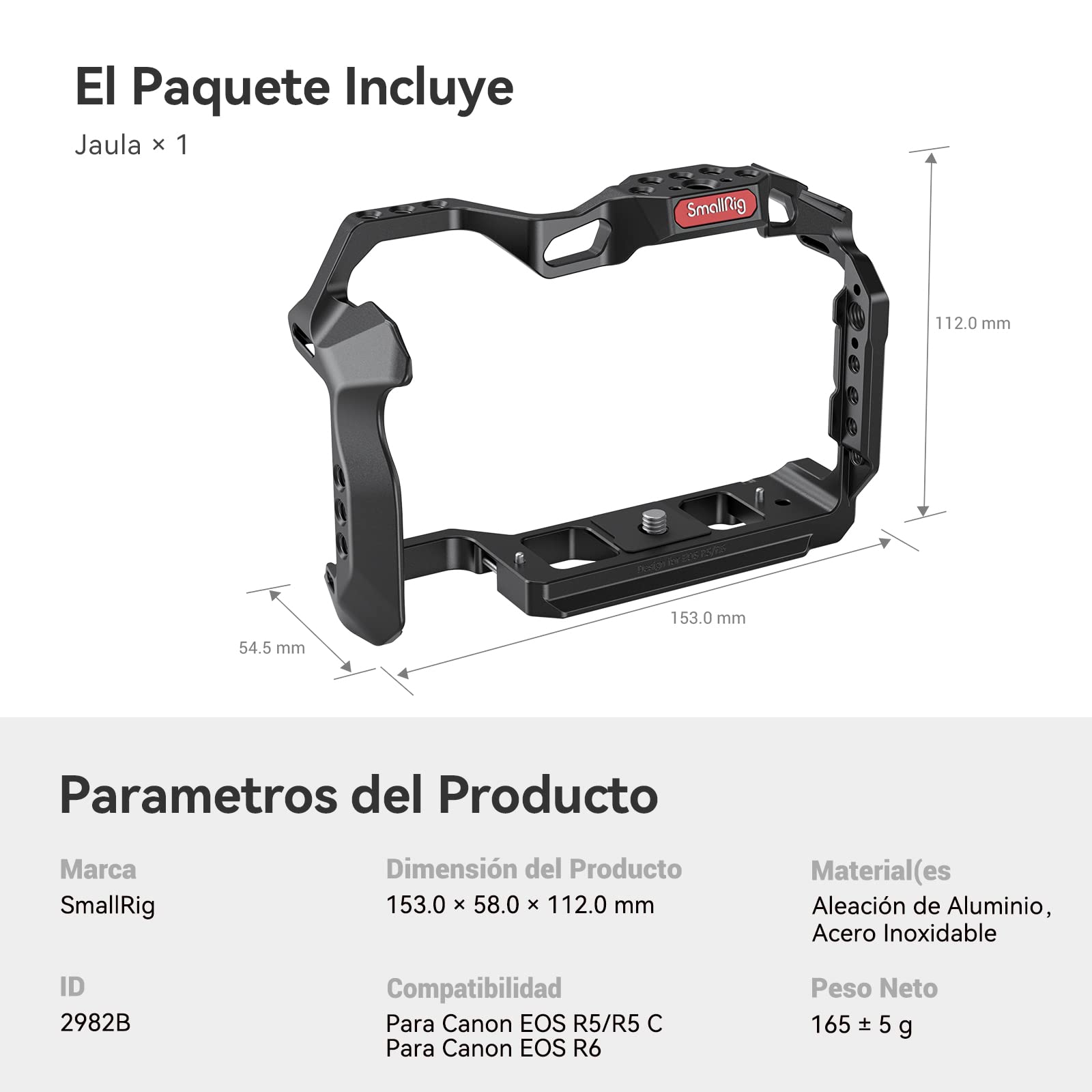 (Nueva Versión) SMALLRIG Jaula R5 / R5 C / R6 para Canon R5 R6 R5 C, Estabilizador de Plataforma de Aleación de Aluminio con Zapata, Orificios Roscados de 1/4"-20 y 3/8"-16-2982B