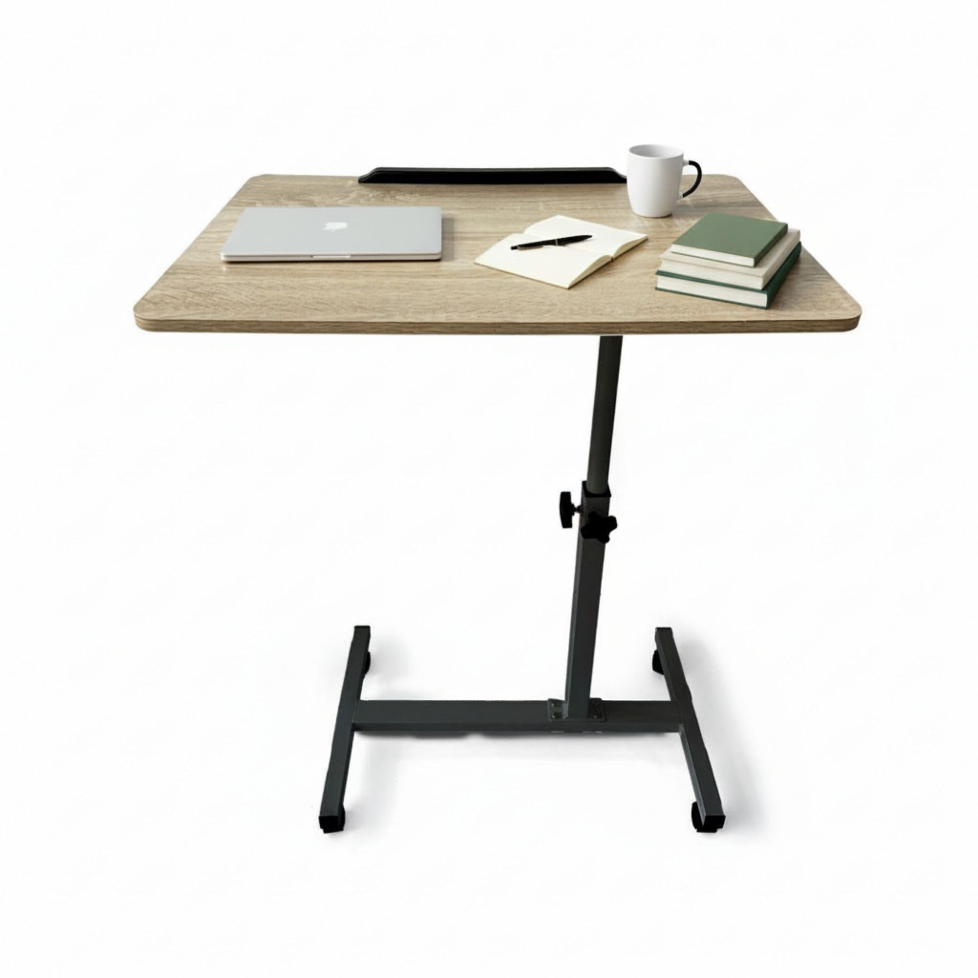 INDE MOBLEKIT | Mesa Auxiliar Regulable con Tablero Inclinable 60x40x59-89 cm, Escritorio con Ruedas para Sofá o Cama, Metal y Madera, Mesa Auxiliar con Altura Ajustable y Freno