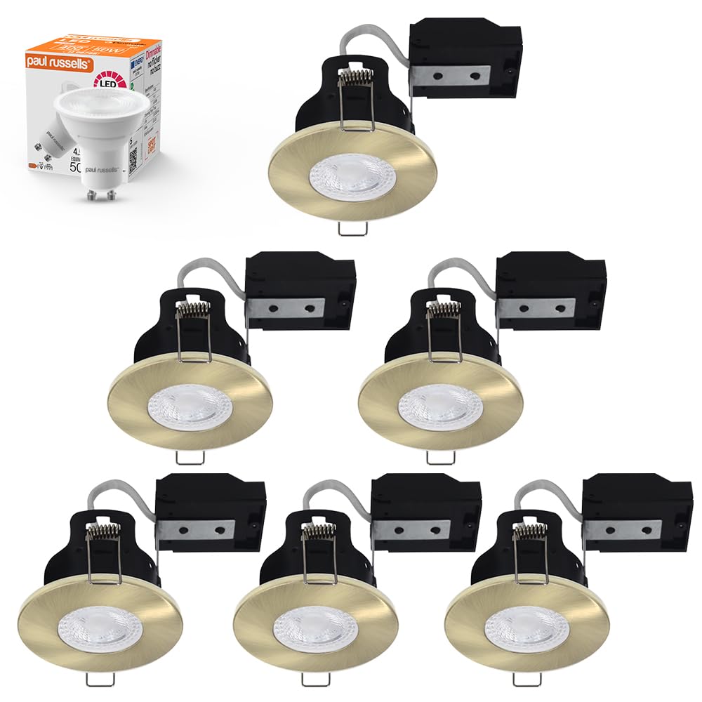 paul russells Dimmable LED Downlights Recessed Ceiling Lights, Fire Rated GU10 Spotlights Can, 65-70mm, IP65, 4.5W = 50W Equivalent, Antique Brass Bezel, Include 6500K Daylight White Bulb, 6 Packs
