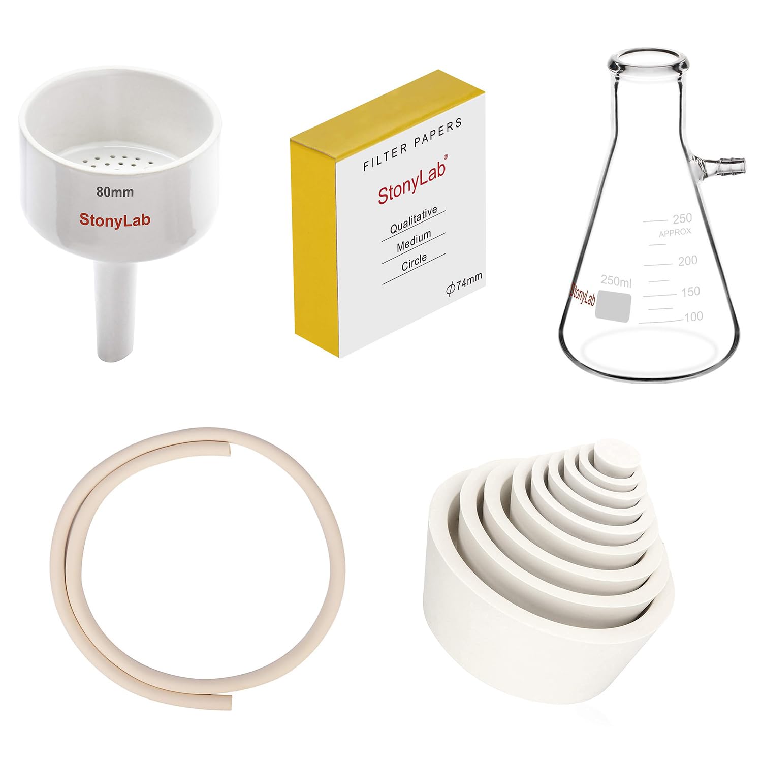 stonylab Filter Kit and Filter Paper Bundle, Porcelain Buchner Funnel 80mm and 250 ml Borosilicate Glass Filtering Flask and Filter Adapter Cones and Vacuum Rubber Tubing and Filter Paper