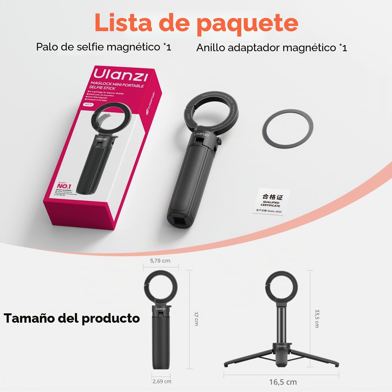 ULANZI MT71 Trípode Magnético Mini para Móvil, 3 en 1 Palo para Selfie, Soporte de Cuatro Patas con Imán Fuerte 14N con Cabeza Inclinable 180° Portátil, Compatible con iPhone 17-12 Magsafe, Samsung