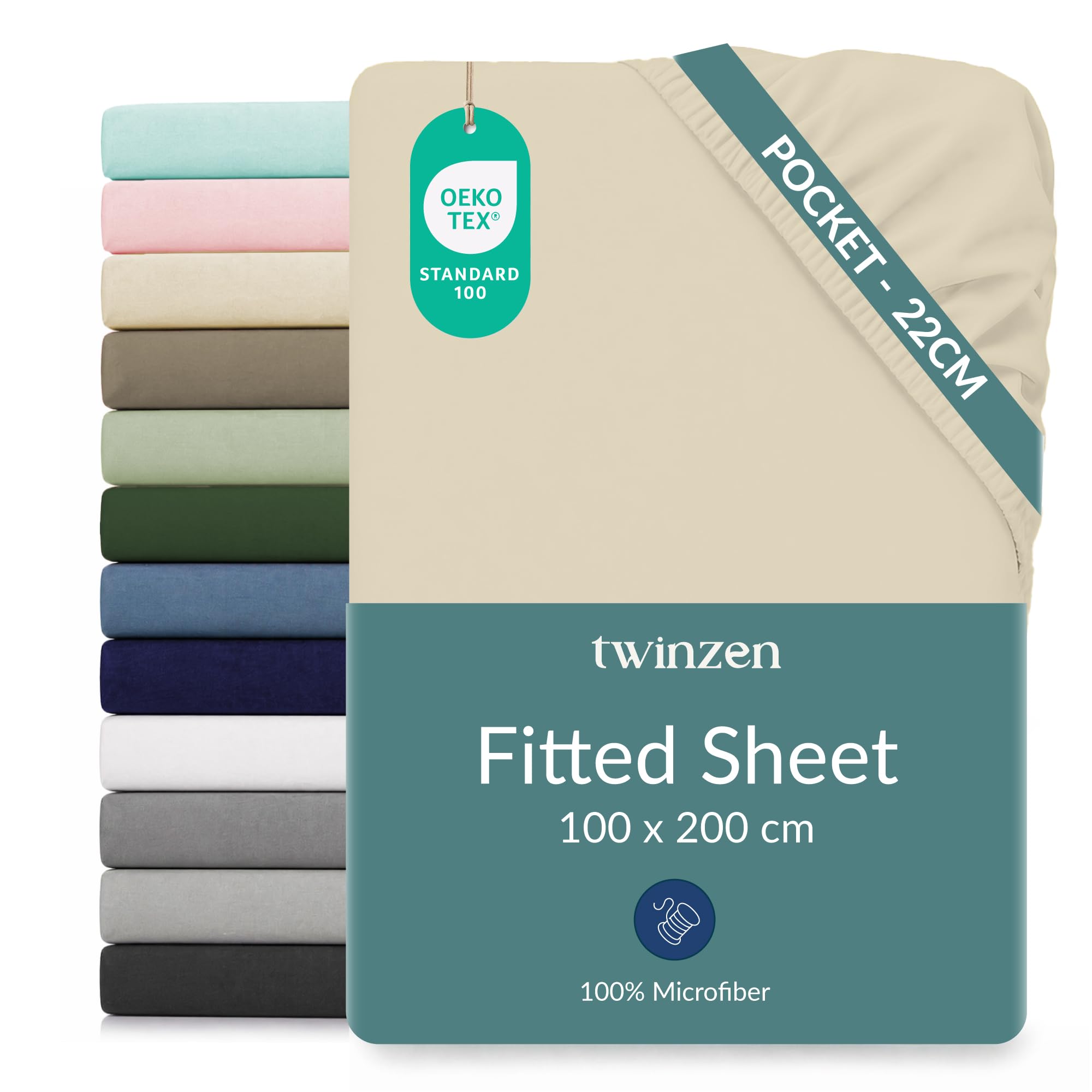 Twinzen Microfibre Fitted Sheet 100 x 200 cm Beige 25 cm