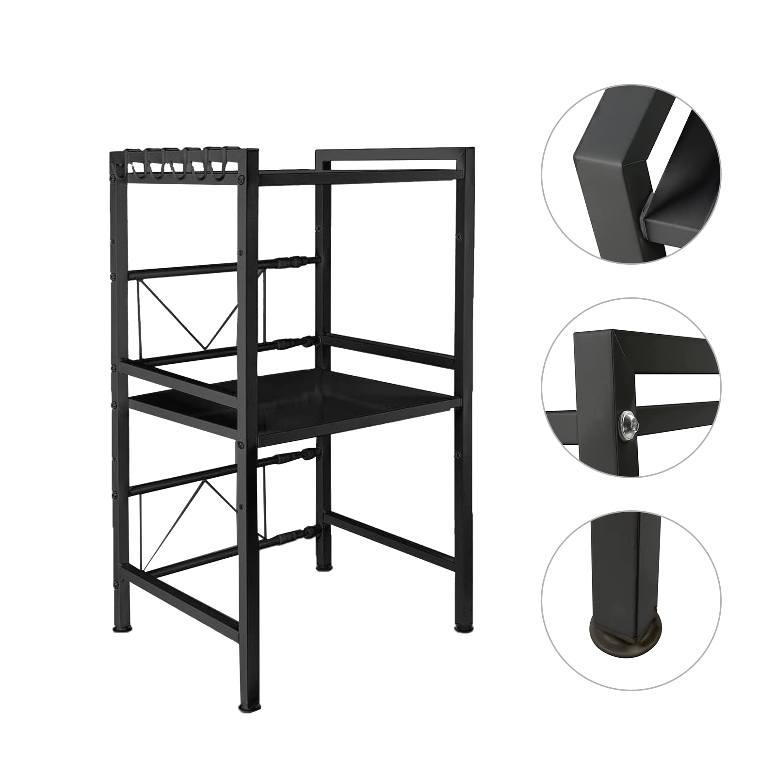 Metalowy wysuwany stojak 2-warstwowy kuchenka mikrofalowa stojak na półki kuchenne, wysuwany za pomocą haczyków, do 25 kg (40/64 x 36,5 x 78 cm, czarny)