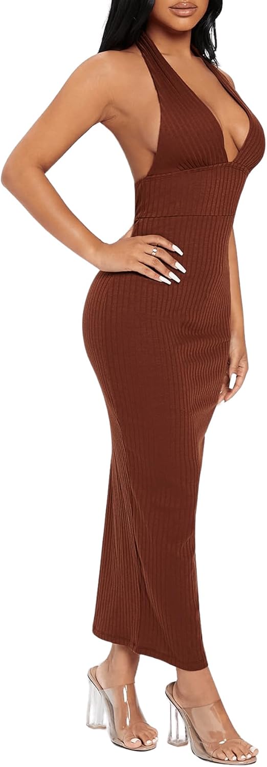 Floerns Women's Plunging Deep V Neck Backless Ribbed Knit Tie Back Bodycon Maxi Dress