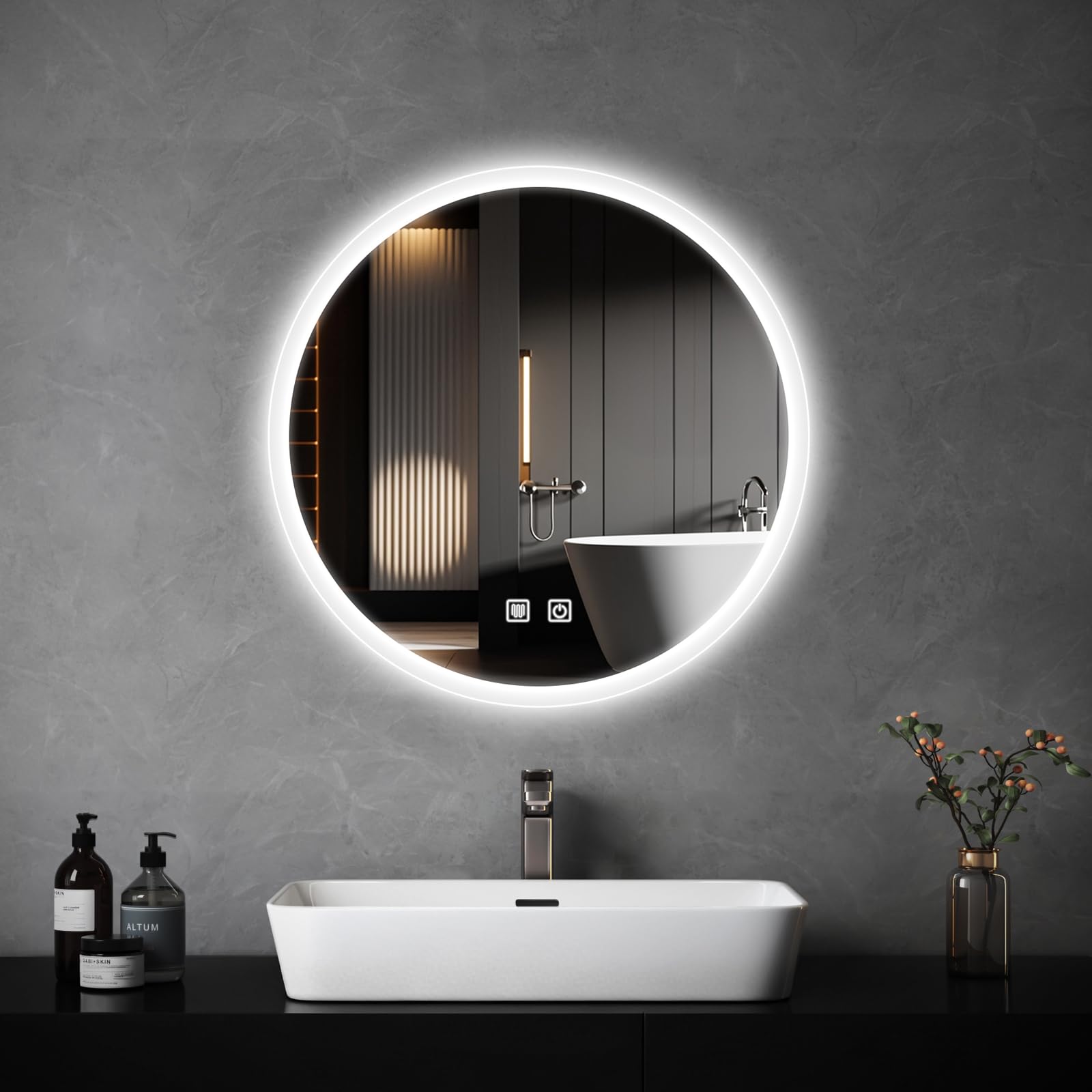 JAMUBOCHE Round Bathroom Mirror with LED Lights, 50x50cm Illuminated Light Up Bathroom Mirror with Anti-Fog, 3 Colour Dimmable Lights, Backlight, Wall Mounted, Waterproof, Touch Control