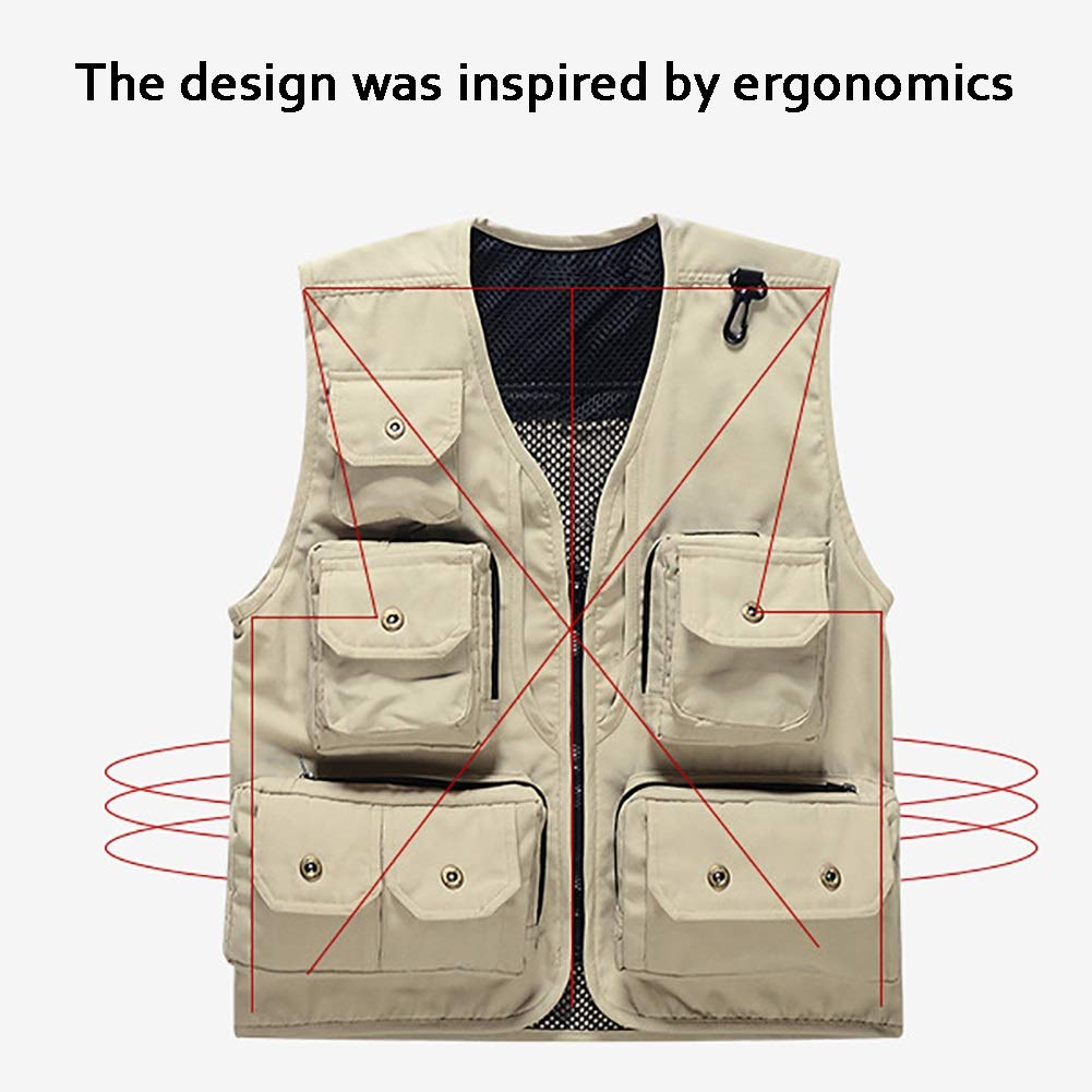 G&F Hommes Gilet Multi Poche Pêche Gilet Photographie Vêtements Travail pour Camping Randonnée Voyageant Dossier Pliable M-3XL (Color : Khaki, Size : XXL)