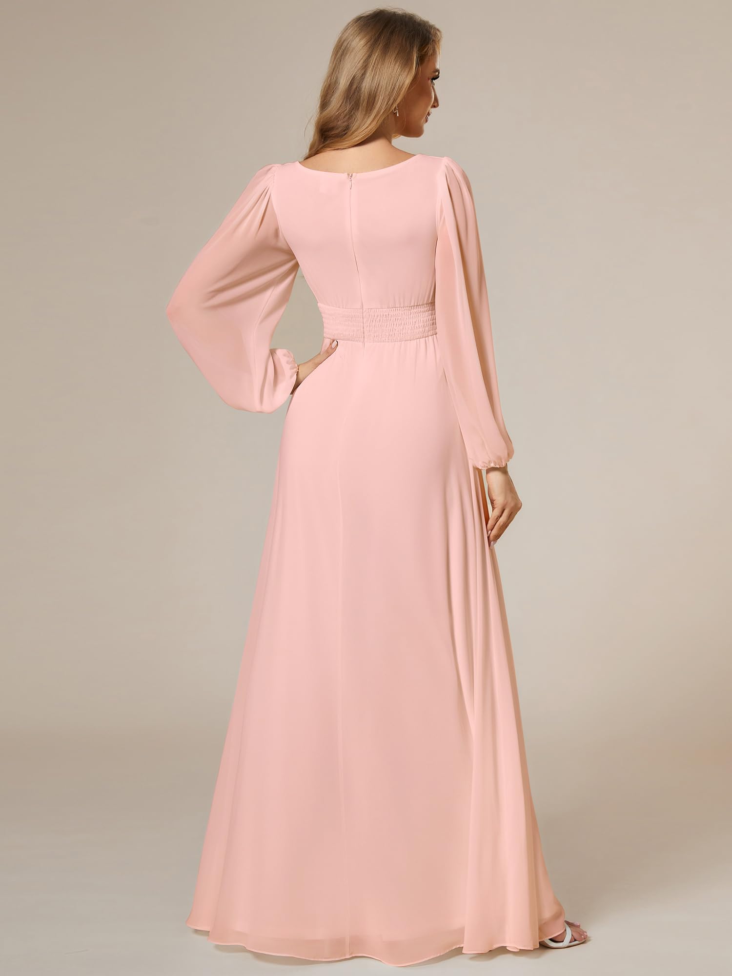 Ever-Pretty Robe formelle en mousseline plissée avec col rond et manches longues pour femme 0106B