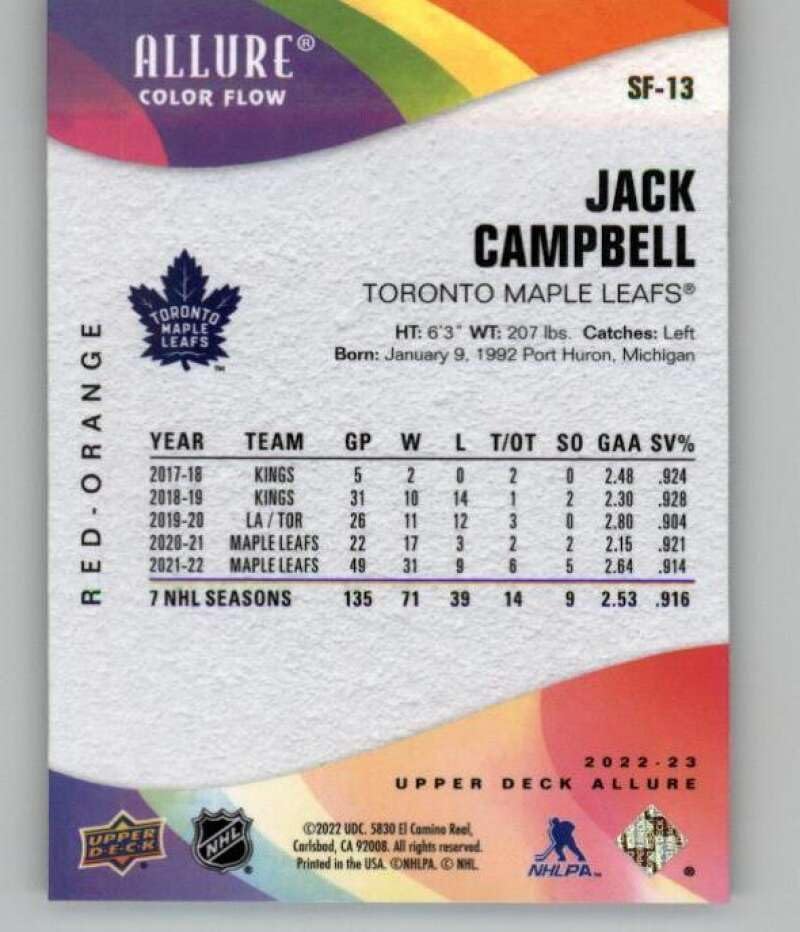 Miniatura 2 de 2022-23 Upper Deck Allure Color Flow Red-Orange #SF-13 Jack Campbell Toronto Maple Leafs NHL Hockey Trading Card