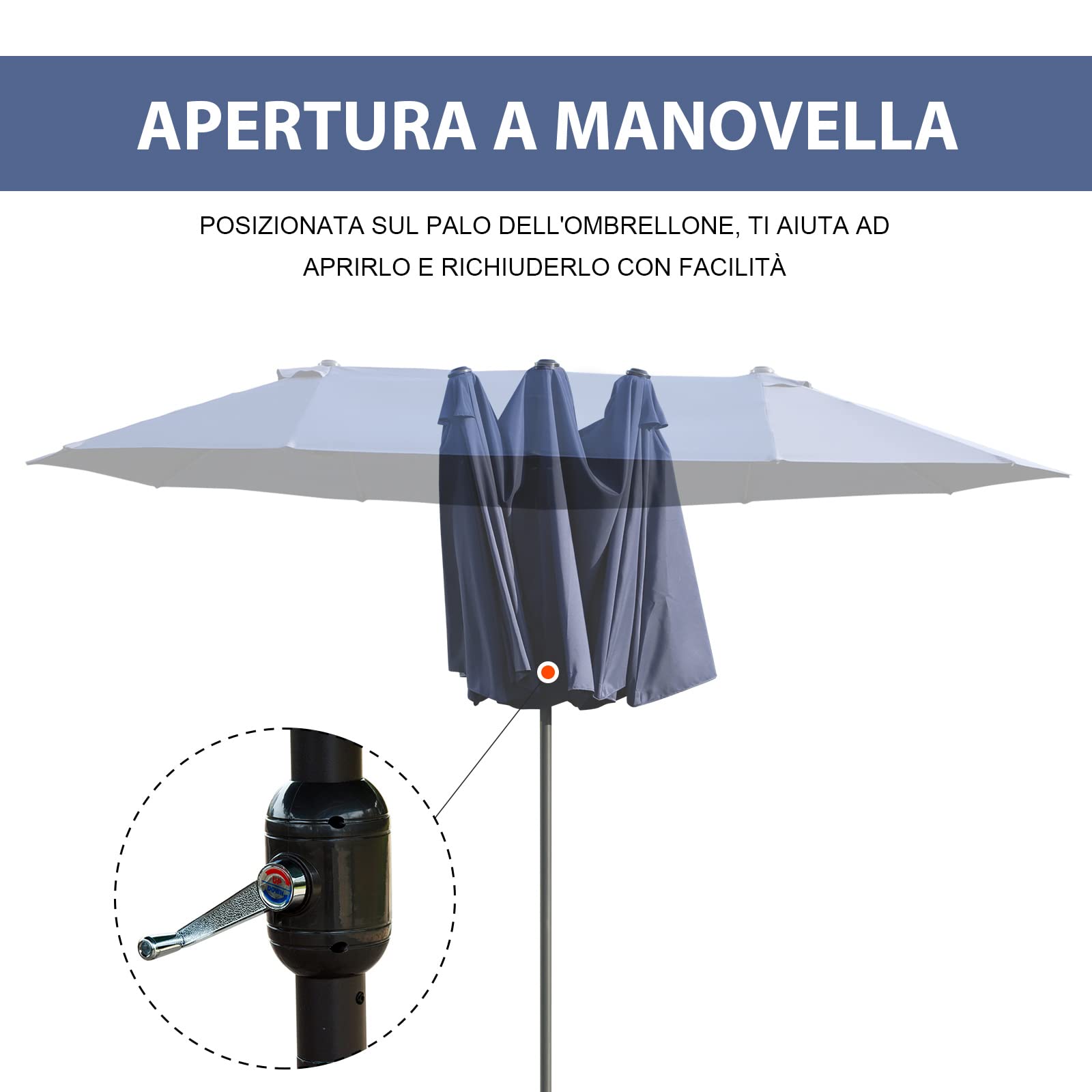 Outsunny Ombrellone da Giardino Doppio 455x265x238cm, Ombrellone da Esterno con Apertura a Manovella, in Acciaio e Poliestere
