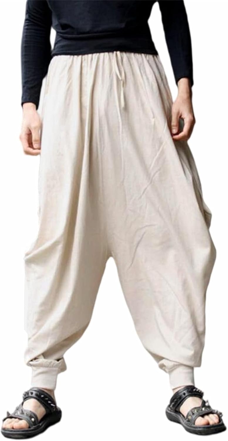 CLANMILUMS Men's Harem Pants Elastic Waist Loose Fit Hippie Aladin Drop Crotch Pants