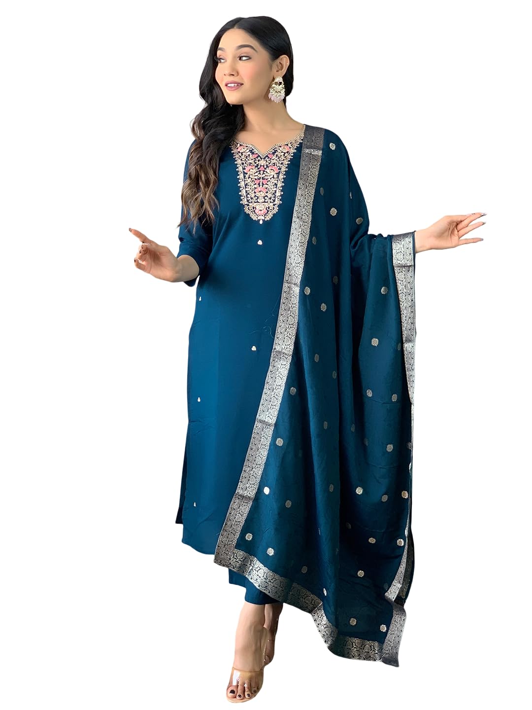Women's V-neck line Embroidered Kurta Pant Dupatta Set | Stylish Ethnic Suit for Women Wear|Ethnic Kurta Set-image-17