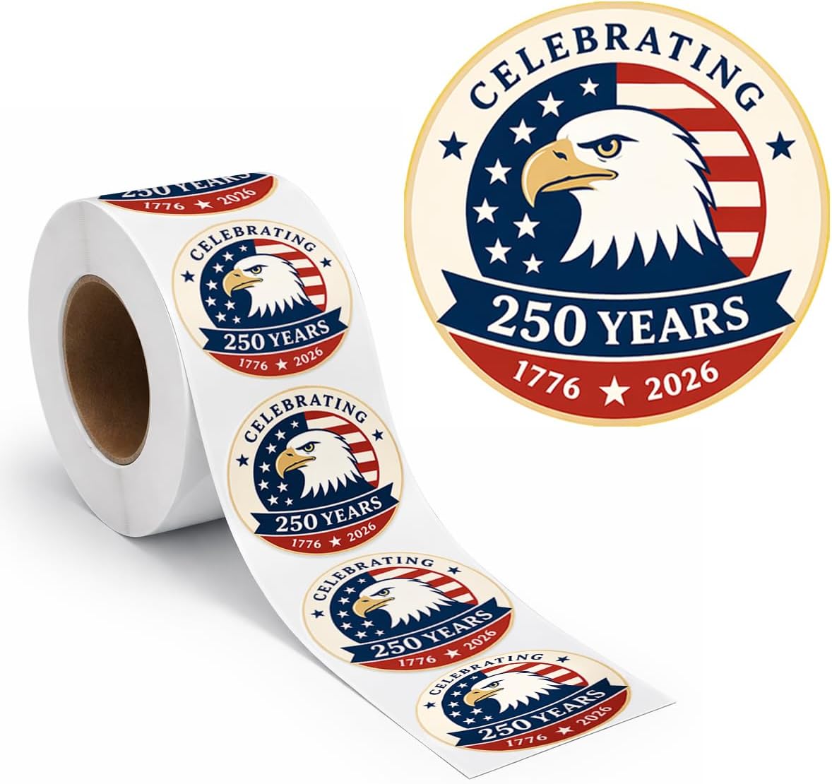 500 Pcs/Roll 1.77" Round Patriotic 250th Anniversary Stickers, Vintage Waterproof 4th of July USA Decals, Retro American Flag Labels for Gifts, Envelopes, Party Decor