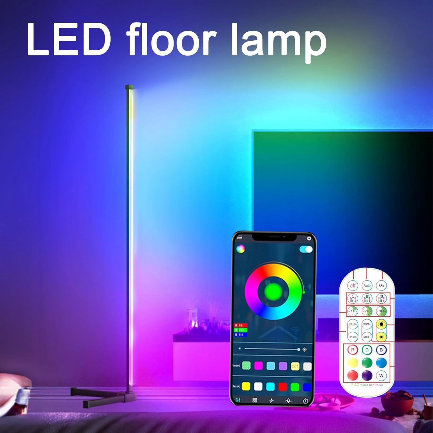 Lámpara de pie LED, lámpara de esquina RGB inteligente de 142 cm con aplicación y control remoto, 16 millones de colores + luz ambiental que cambia de color de escena con sincronización de músi white