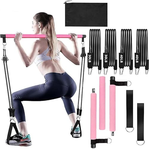 GOGO Pilates Bar Kit with Latex Resistance Bands, Pink Pilates Weight Bar Equipment for Yoga Workout Home Gym Strength Training
