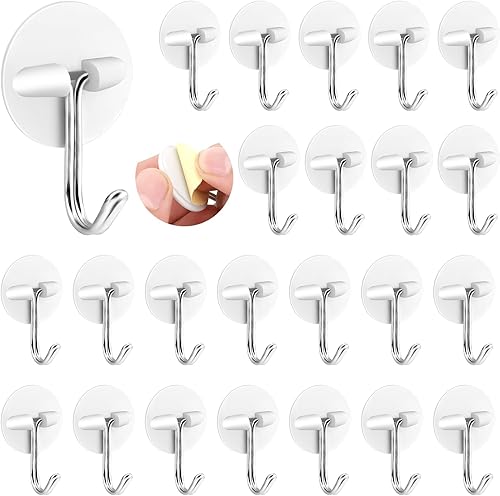 24 ganchos redondos de plástico para techo, pequeños ganchos autoadhesivos para colgar ganchos de pared, ganchos autoadhesivos blancos, ganchos