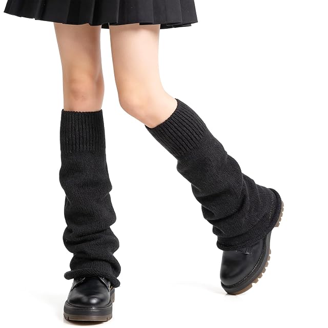 TIESOME 1 Pair Goth Leg Warmers Wide Black Fuzzy Knit Leg Warmers for Women Soft Stretchy Fall Winter