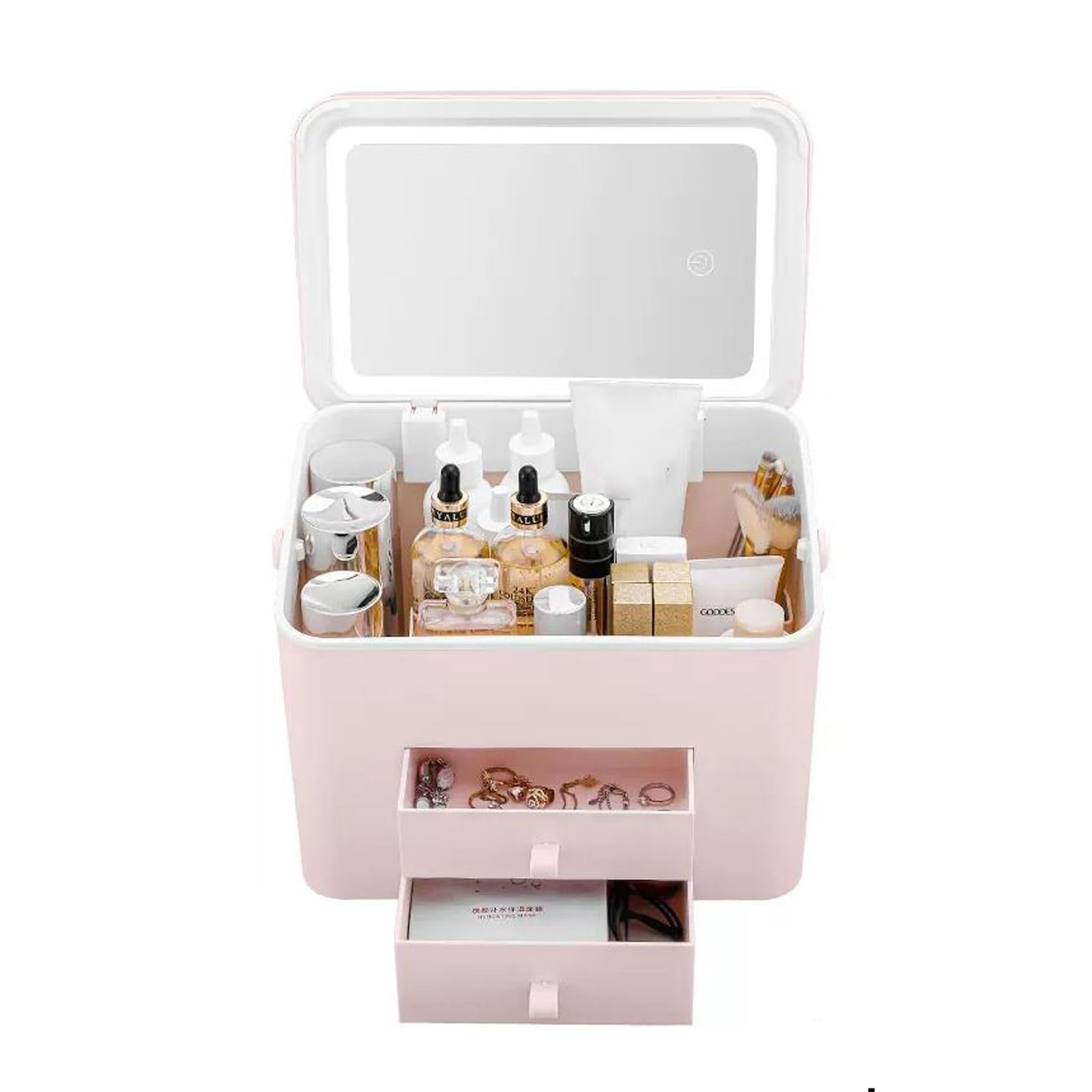 ZYYANSHOP Portable Makeup Storage Organizer Box with Detachable LED Mirror，Cosmetics Case with 2 Drawers and Cover, for Bedroom Vanity Desk Dresser Cosmetic Storage Box(Pink)