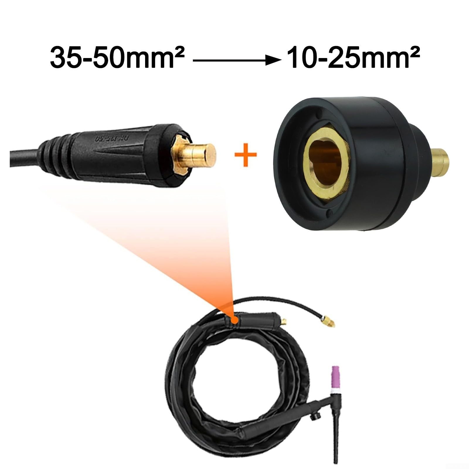 Adaptador de antorcha de soldadura TIG, WP26V 35-50 mm a WP17V 10-25 mm, conector de alimentación de latón macizo para soldadores MIG