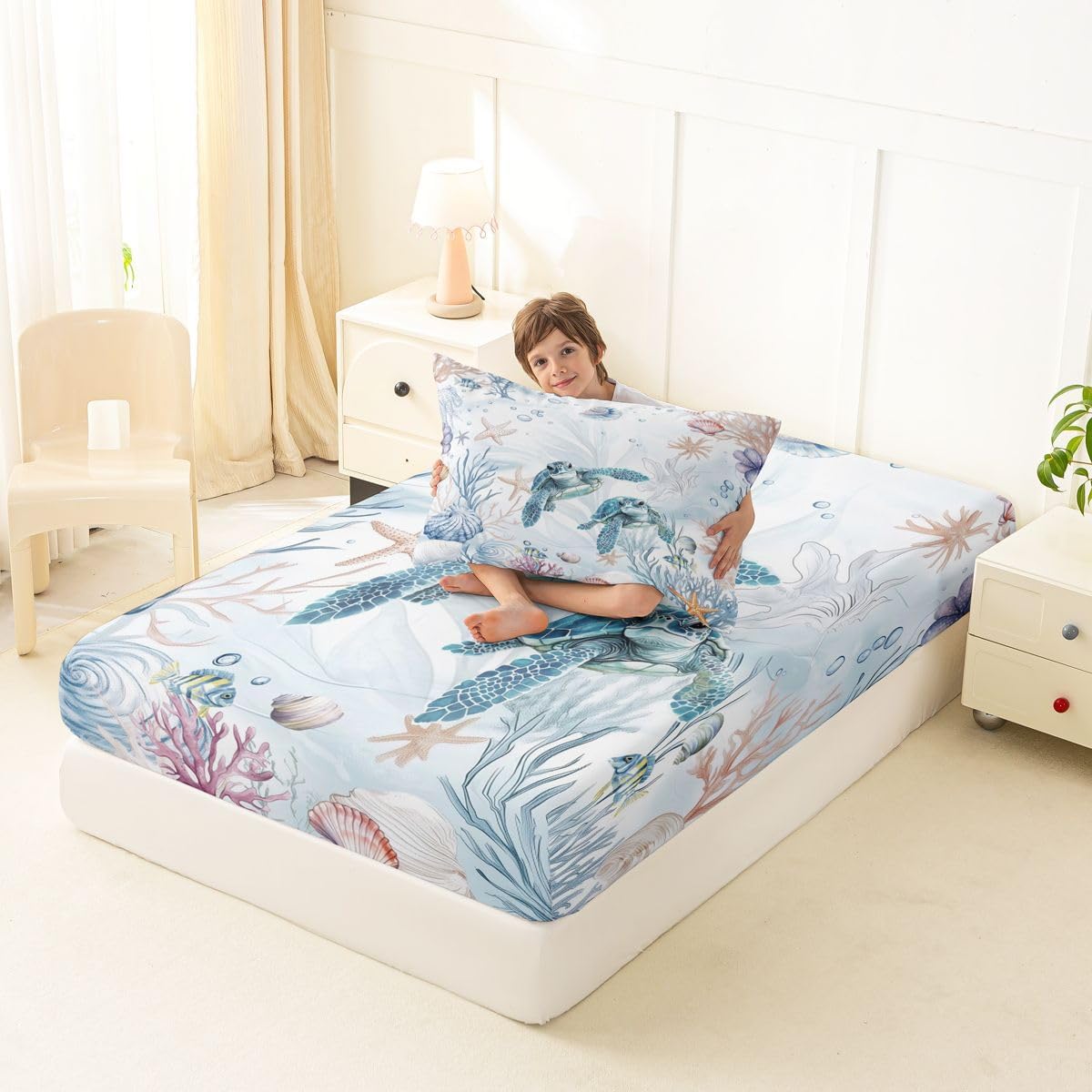Erosebridal Sea Turtles Bedding Set Twin Kids Sea Life Seashell Starfish Fitted Sheet Nautical Marine Room Decor Bed Sheets,Watercolor Ocean Aesthetic Bed Cover 2 Pcs image 4