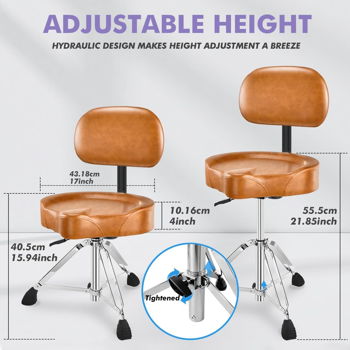Pro Drum Stool with Backrest, Heavy Duty Hydraulic Drum Throne, Ergonomic Memory Foam Drum Seat, Adjustable Drum Chair Anti-Slip Base, Drum Saddle Bench for Drummers Musicians(Brown) thumbnail